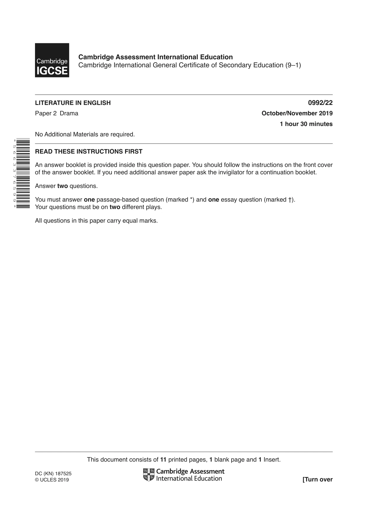 Cambridge IGCSE English - Literature in English (9-1) 0992 2019 Oct/Nov Paper 2 · Variant 2 question paper, page 1 of 12