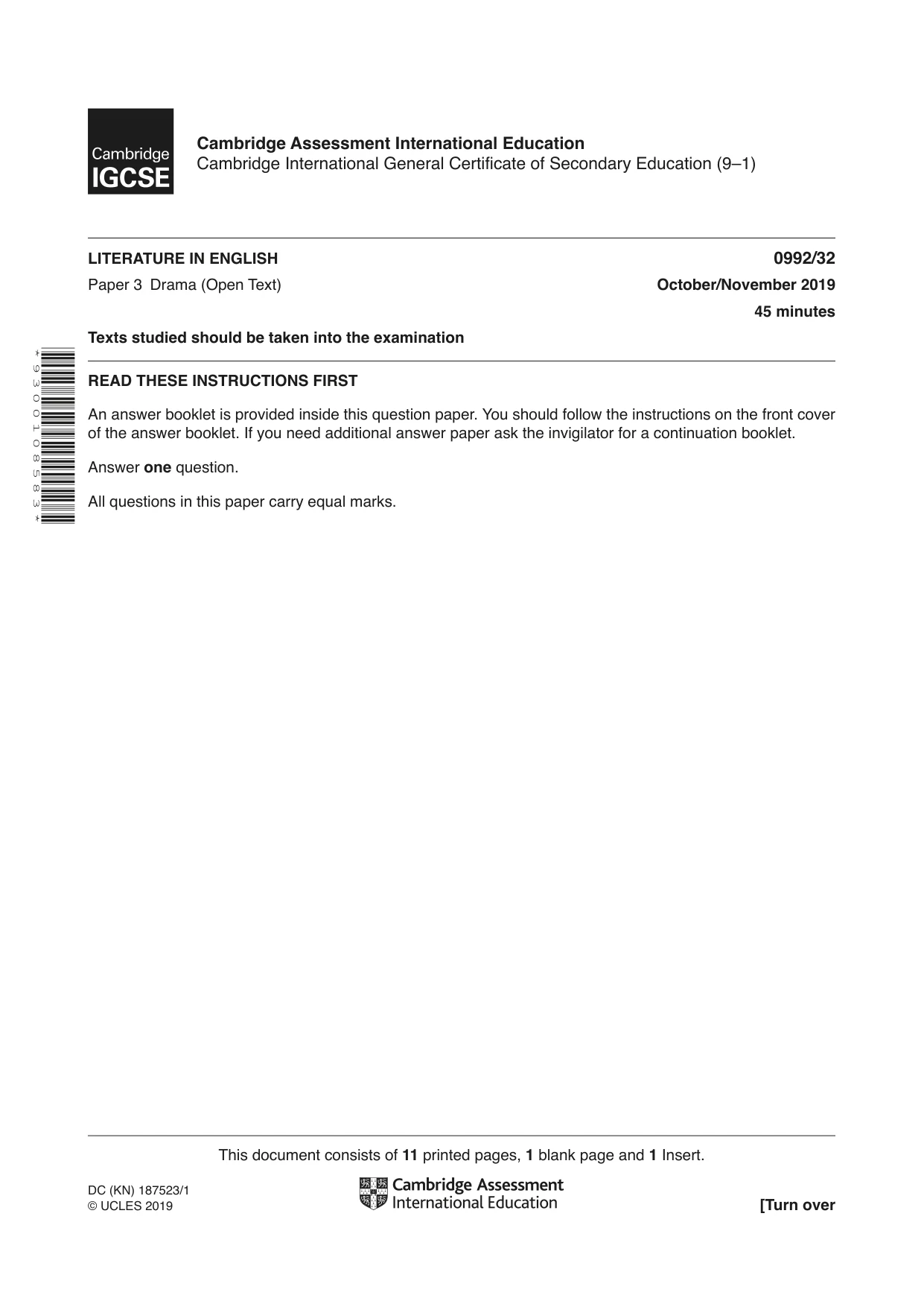 Cambridge IGCSE English - Literature in English (9-1) 0992 2019 Oct/Nov Paper 3 · Variant 2 question paper, page 1 of 12