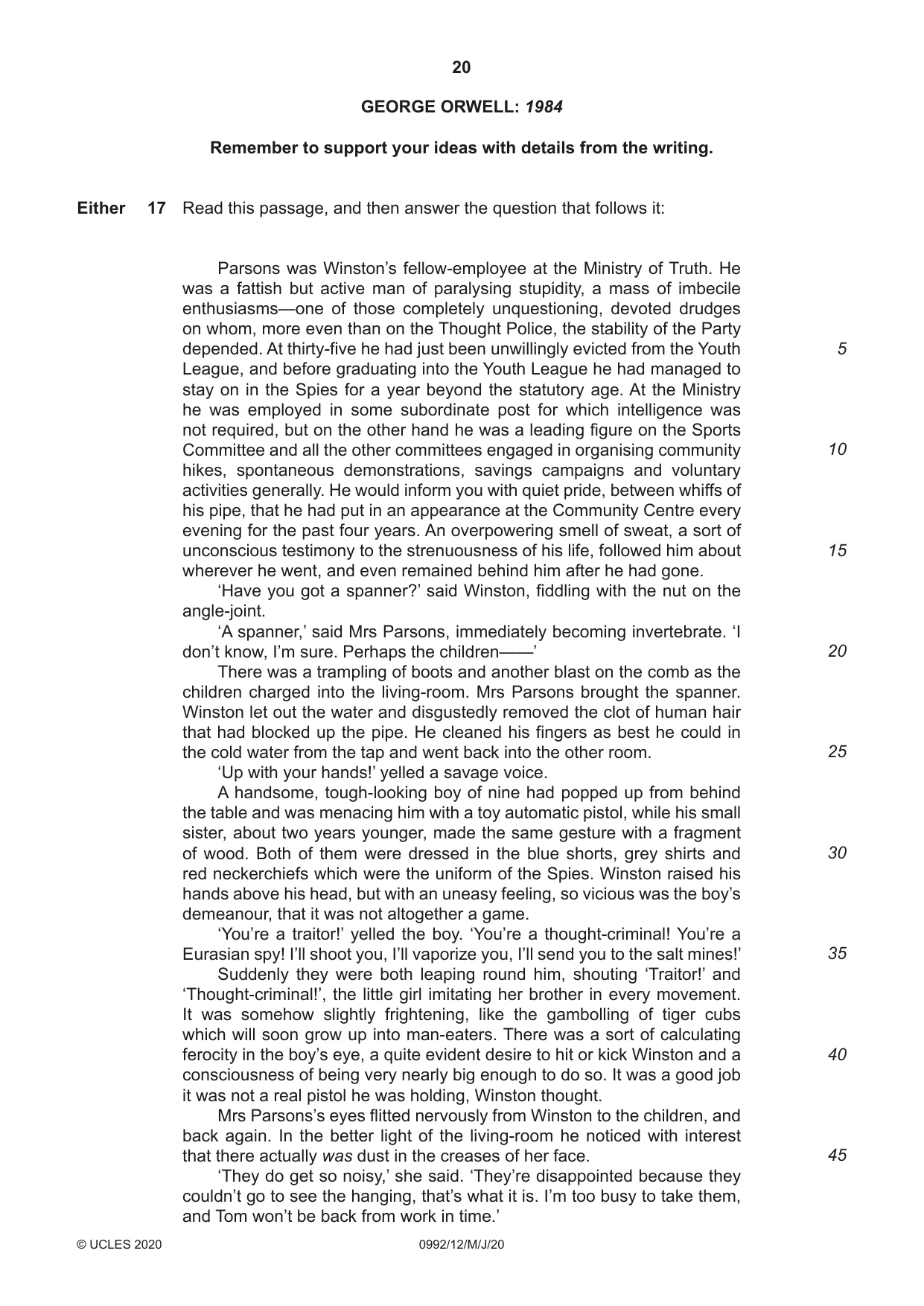 Cambridge IGCSE English - Literature in English (9-1) 0992 2020 May/June Paper 1 · Variant 2 question paper, page 20 of 28