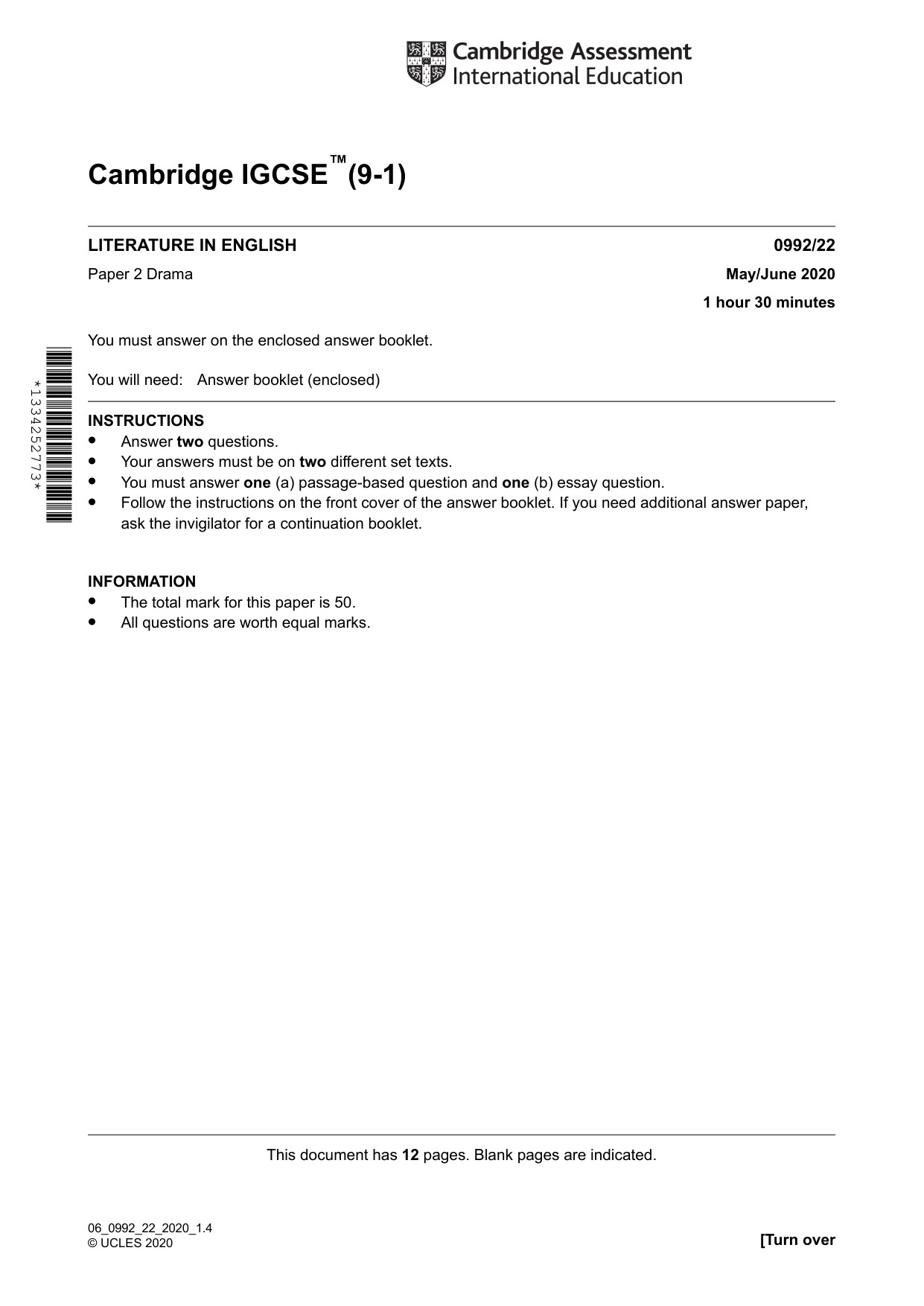Cambridge IGCSE English - Literature in English (9-1) 0992 2020 May/June Paper 2 · Variant 2 question paper, page 1 of 12