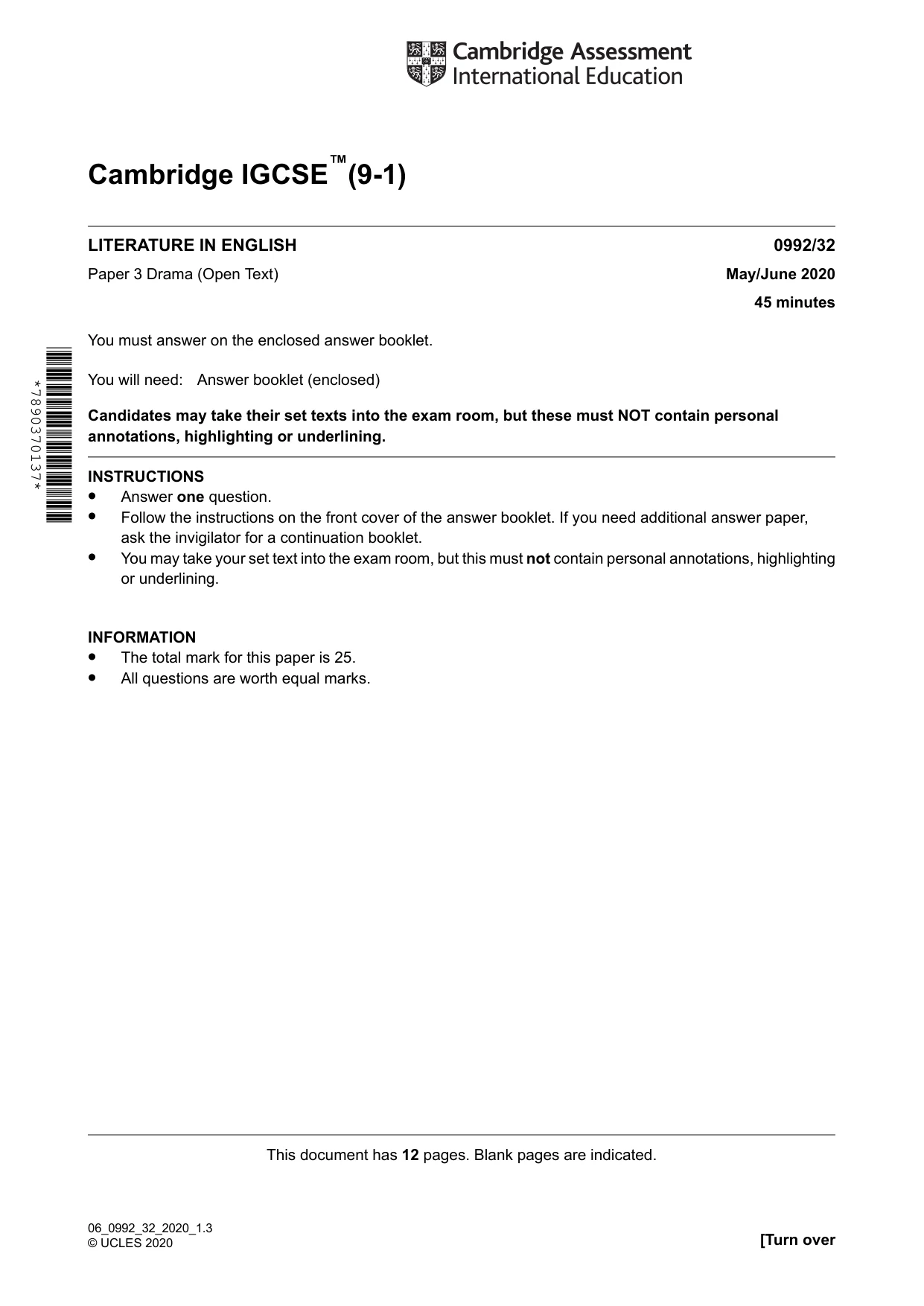 Cambridge IGCSE English - Literature in English (9-1) 0992 2020 May/June Paper 3 · Variant 2 question paper, page 1 of 12