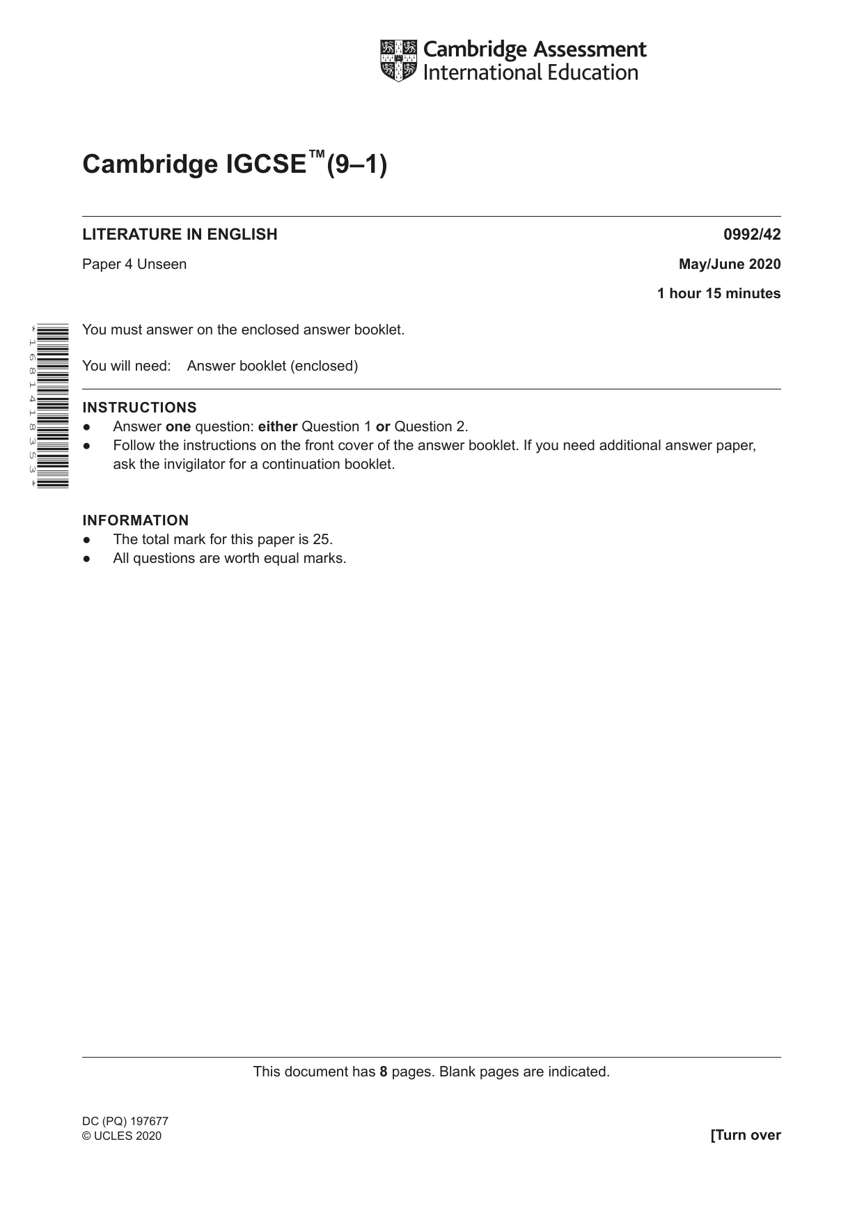 Cambridge IGCSE English - Literature in English (9-1) 0992 2020 May/June Paper 4 · Variant 2 question paper, page 1 of 8