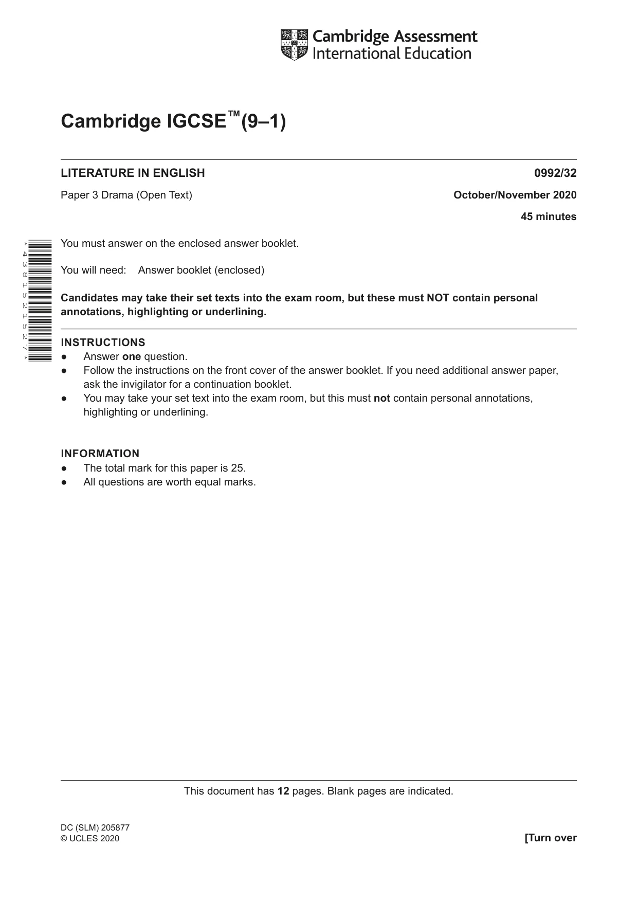 Cambridge IGCSE English - Literature in English (9-1) 0992 2020 Oct/Nov Paper 3 · Variant 2 question paper, page 1 of 12
