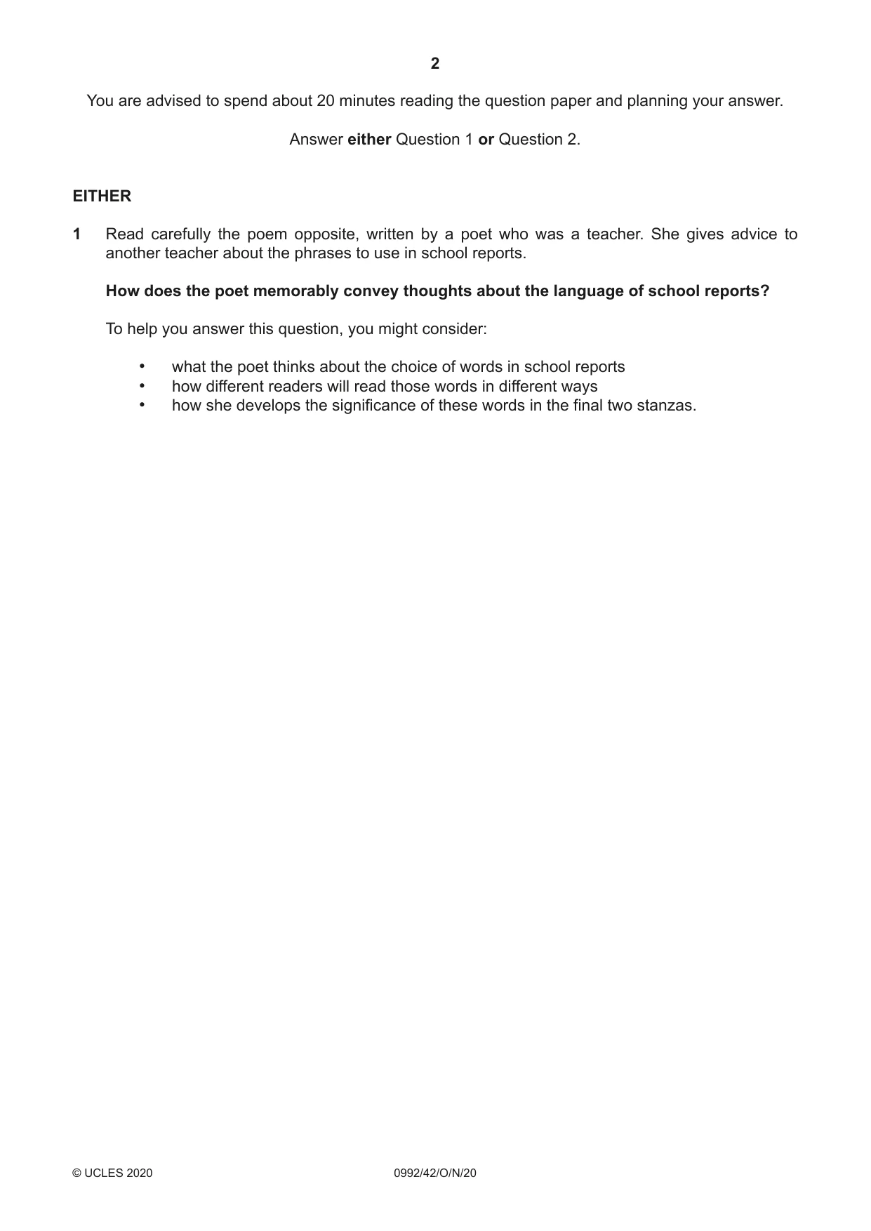 Cambridge IGCSE English - Literature in English (9-1) 0992 2020 Oct/Nov Paper 4 · Variant 2 question paper, page 2 of 8