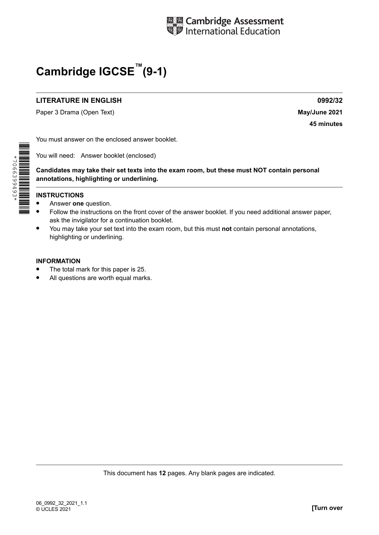 Cambridge IGCSE English - Literature in English (9-1) 0992 2021 May/June Paper 3 · Variant 2 question paper, page 1 of 12