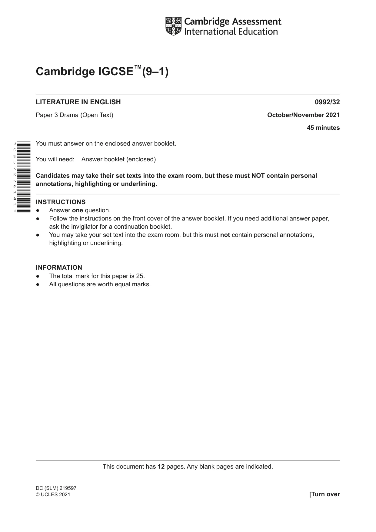 Cambridge IGCSE English - Literature in English (9-1) 0992 2021 Oct/Nov Paper 3 · Variant 2 question paper, page 1 of 12