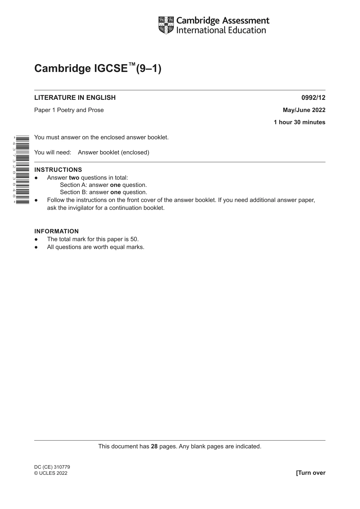 Cambridge IGCSE English - Literature in English (9-1) 0992 2022 May/June Paper 1 · Variant 2 question paper, page 1 of 28