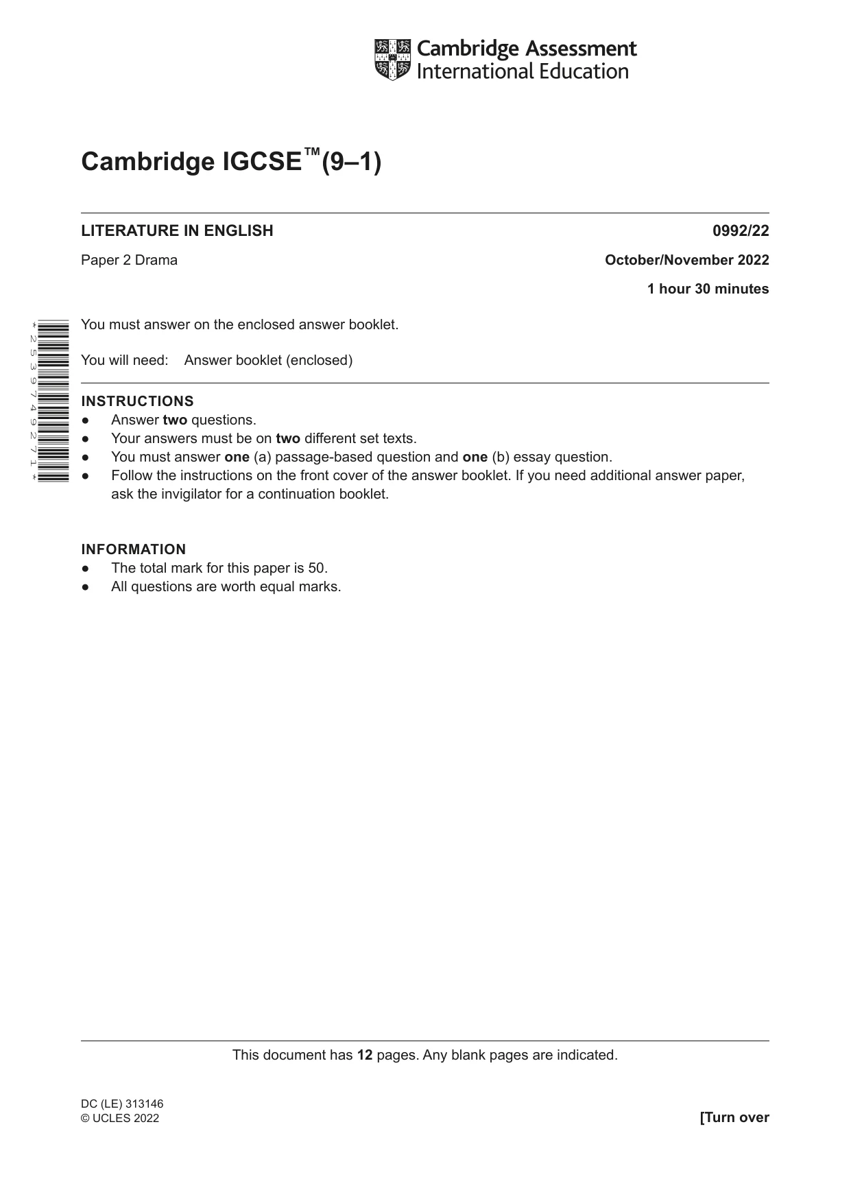 Cambridge IGCSE English - Literature in English (9-1) 0992 2022 Oct/Nov Paper 2 · Variant 2 question paper, page 1 of 12