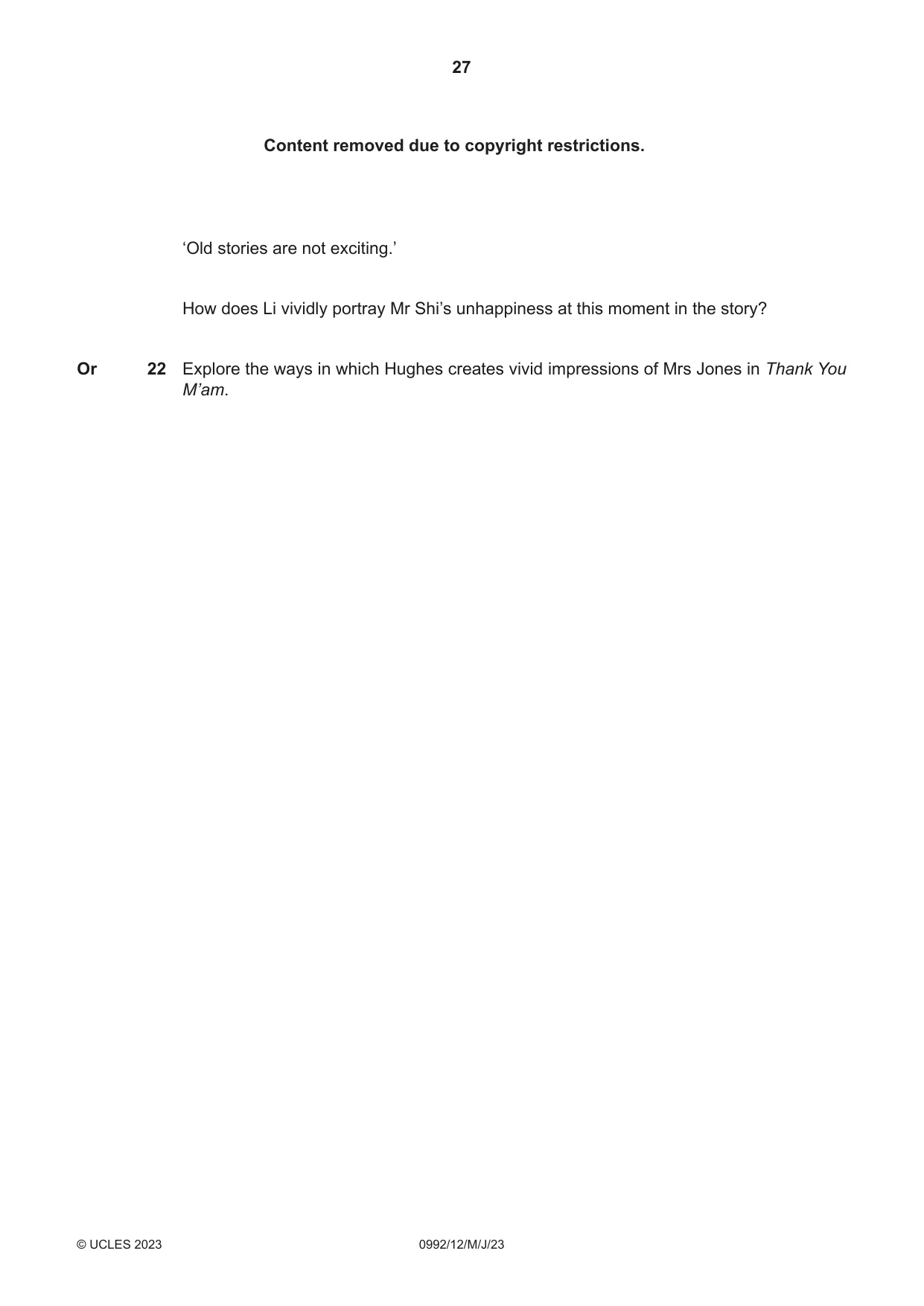Cambridge IGCSE English - Literature in English (9-1) 0992 2023 May/June Paper 1 · Variant 2 question paper, page 27 of 28