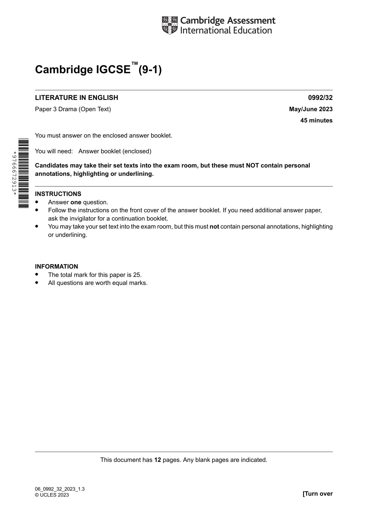 Cambridge IGCSE English - Literature in English (9-1) 0992 2023 May/June Paper 3 · Variant 2 question paper, page 1 of 12