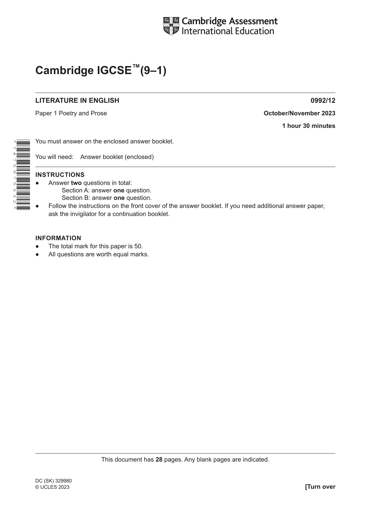 Cambridge IGCSE English - Literature in English (9-1) 0992 2023 Oct/Nov Paper 1 · Variant 2 question paper, page 1 of 28