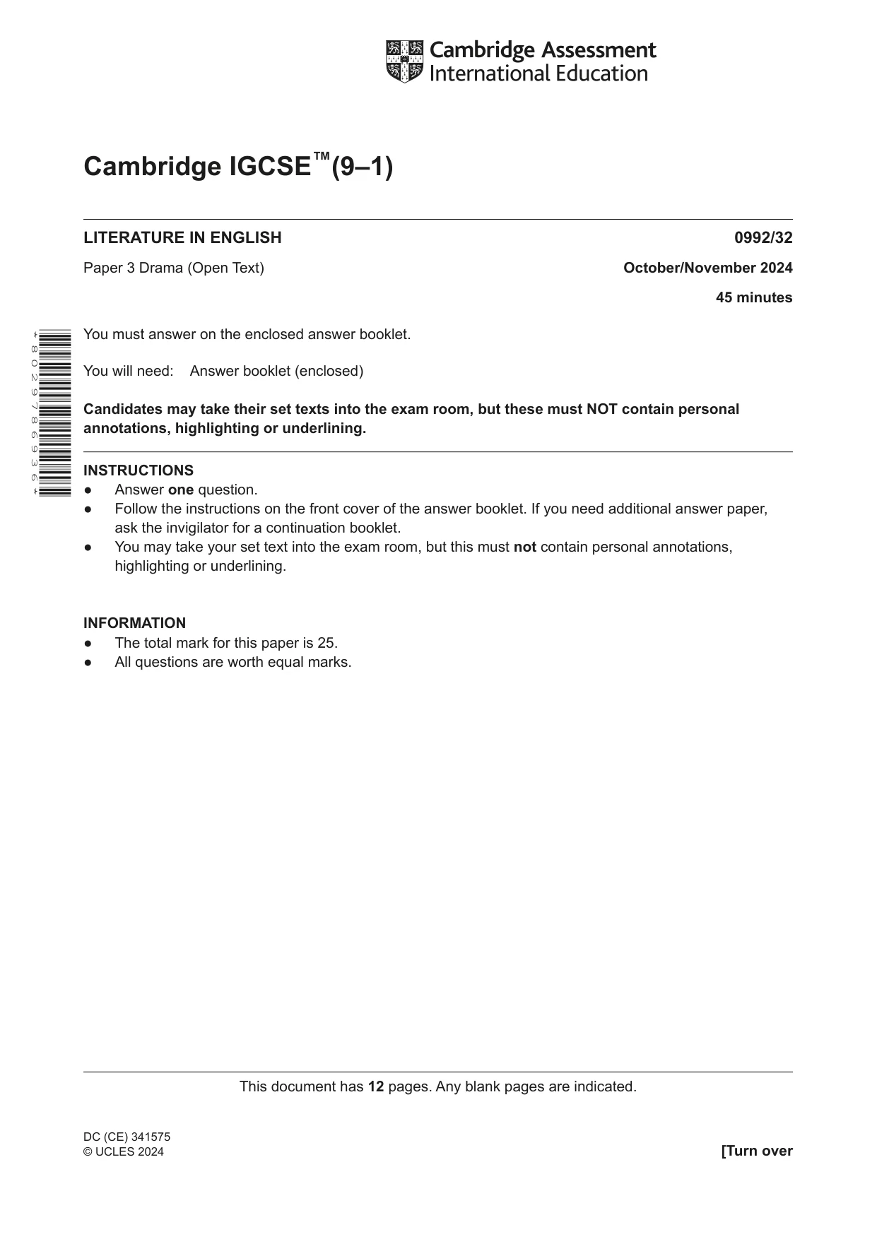 Cambridge IGCSE English - Literature in English (9-1) 0992 2024 Oct/Nov Paper 3 · Variant 2 question paper, page 1 of 12