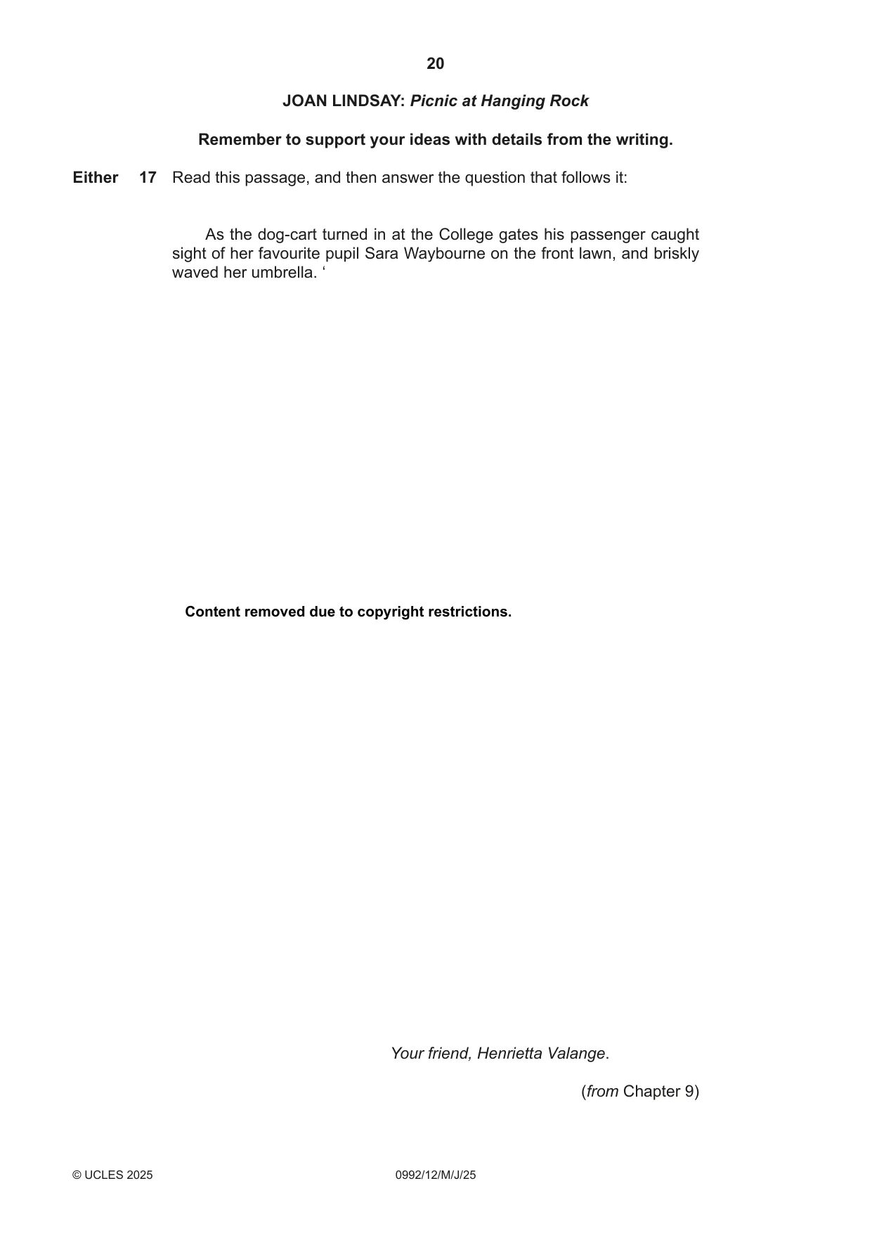Cambridge IGCSE English - Literature in English (9-1) 0992 2025 May/June Paper 1 · Variant 2 question paper, page 20 of 28
