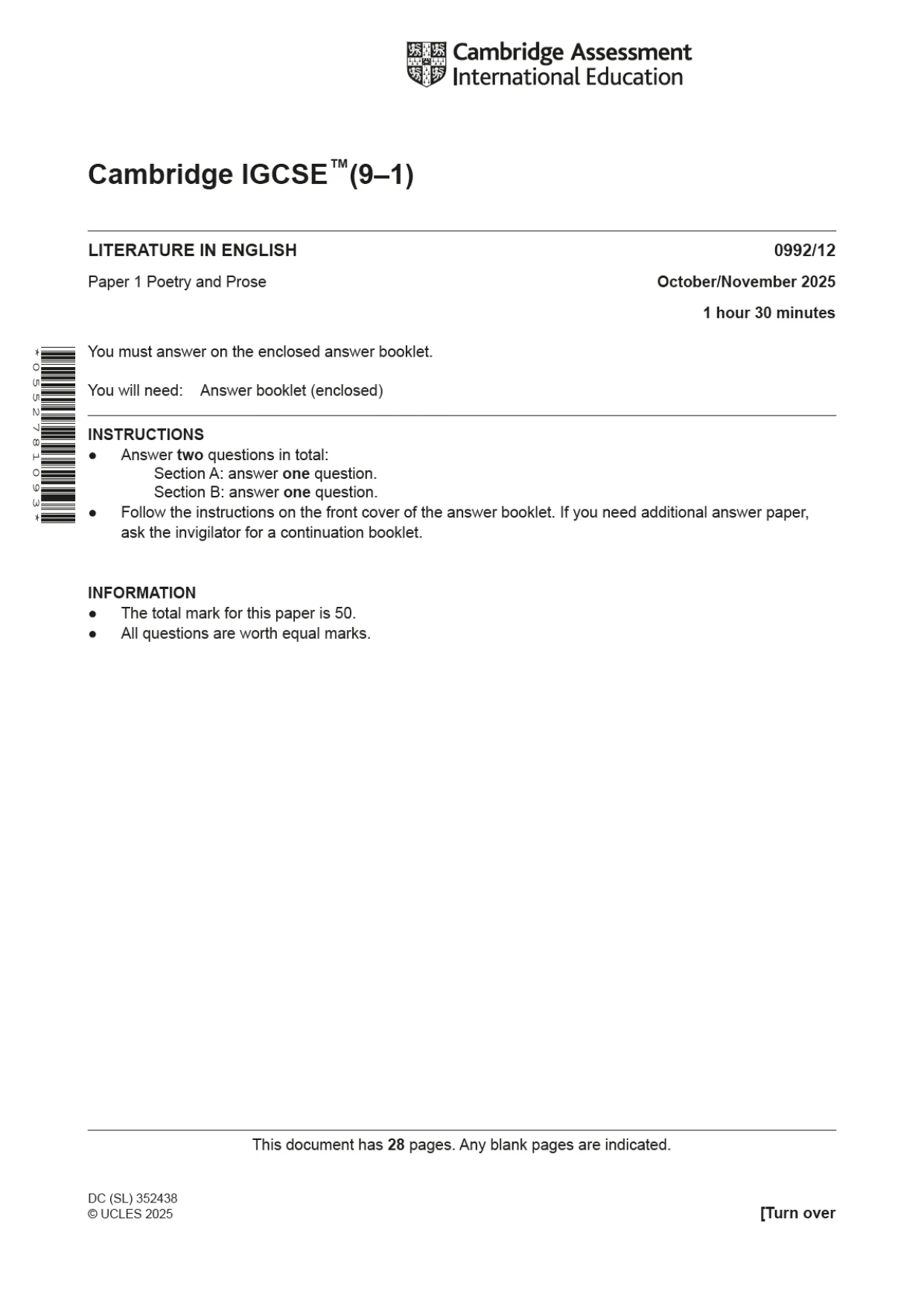 Cambridge IGCSE English - Literature in English (9-1) 0992 2025 Oct/Nov Paper 1 · Variant 2 question paper, page 1 of 28