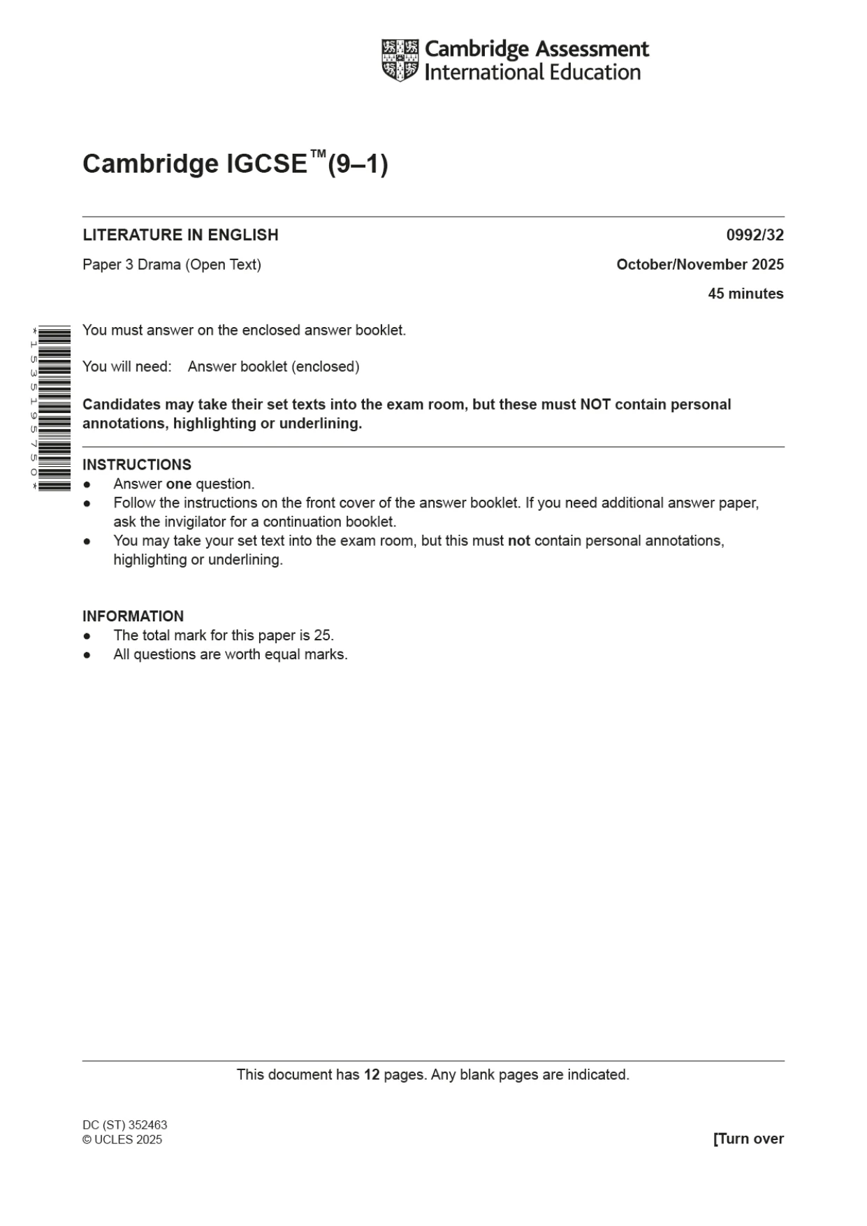 Cambridge IGCSE English - Literature in English (9-1) 0992 2025 Oct/Nov Paper 3 · Variant 2 question paper, page 1 of 12