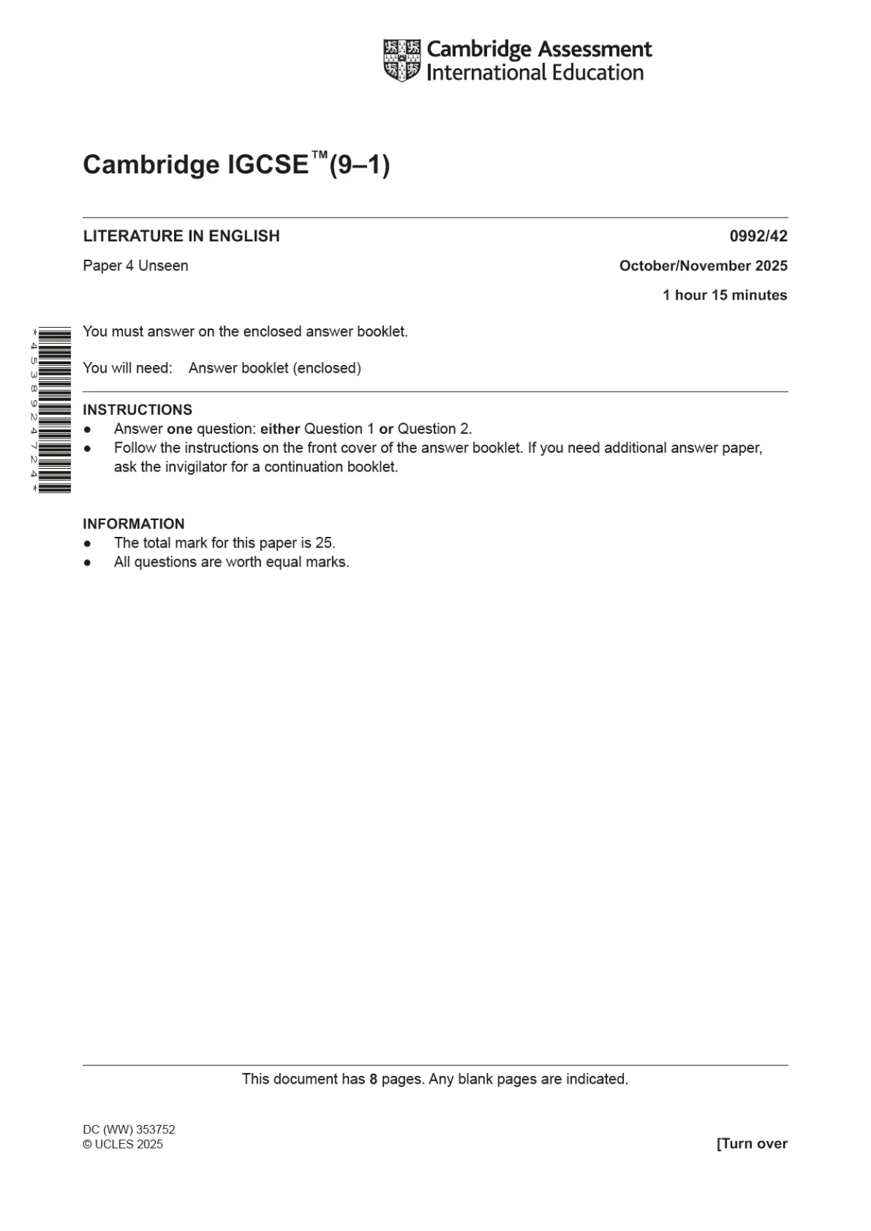 Cambridge IGCSE English - Literature in English (9-1) 0992 2025 Oct/Nov Paper 4 · Variant 2 question paper, page 1 of 8