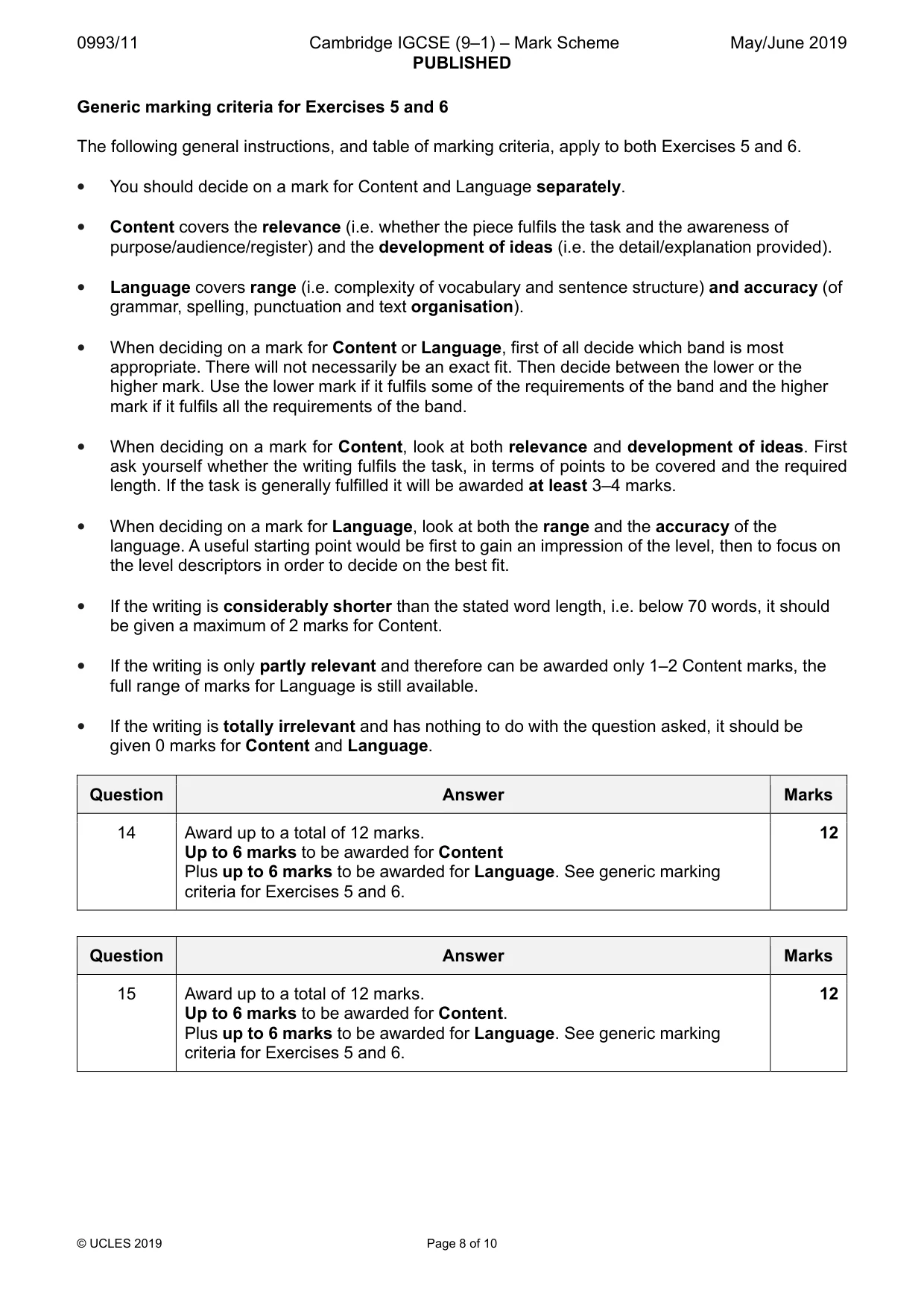 Mark scheme, page 8 of 10