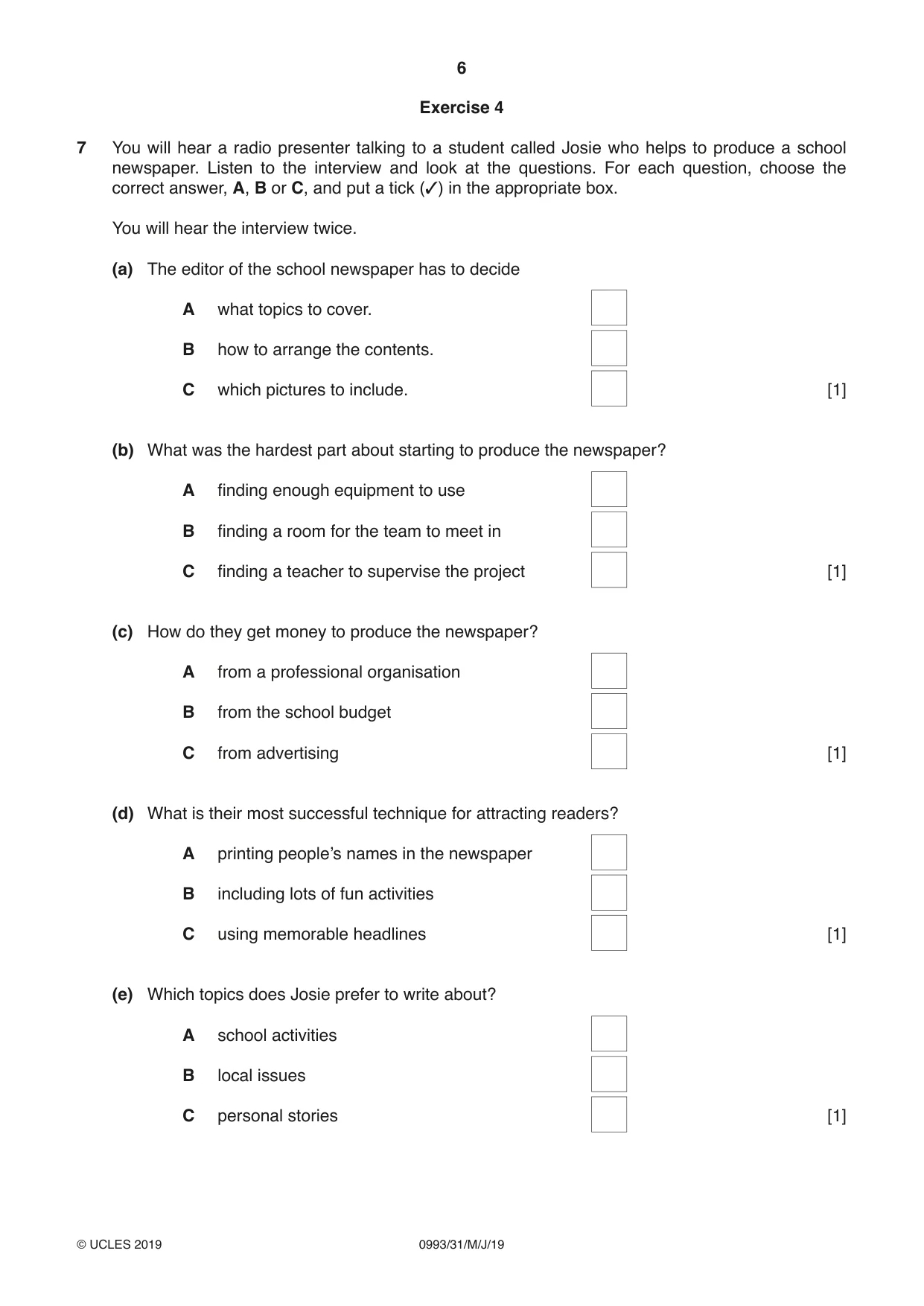 Cambridge IGCSE English Second Language (Speaking Endorsement) (9-1) 0993 2019 May/June Paper 3 · Variant 1 question paper, page 6 of 8