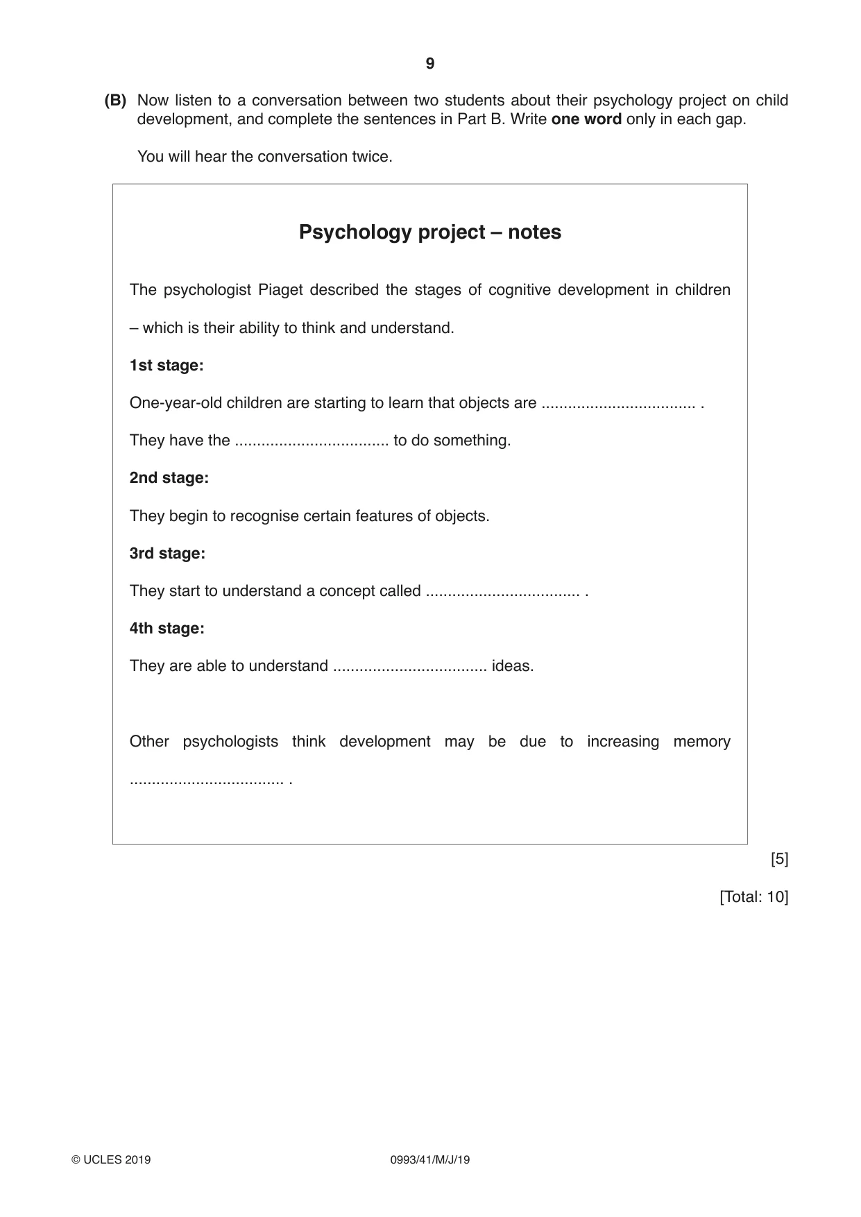 Cambridge IGCSE English Second Language (Speaking Endorsement) (9-1) 0993 2019 May/June Paper 4 · Variant 1 question paper, page 9 of 12
