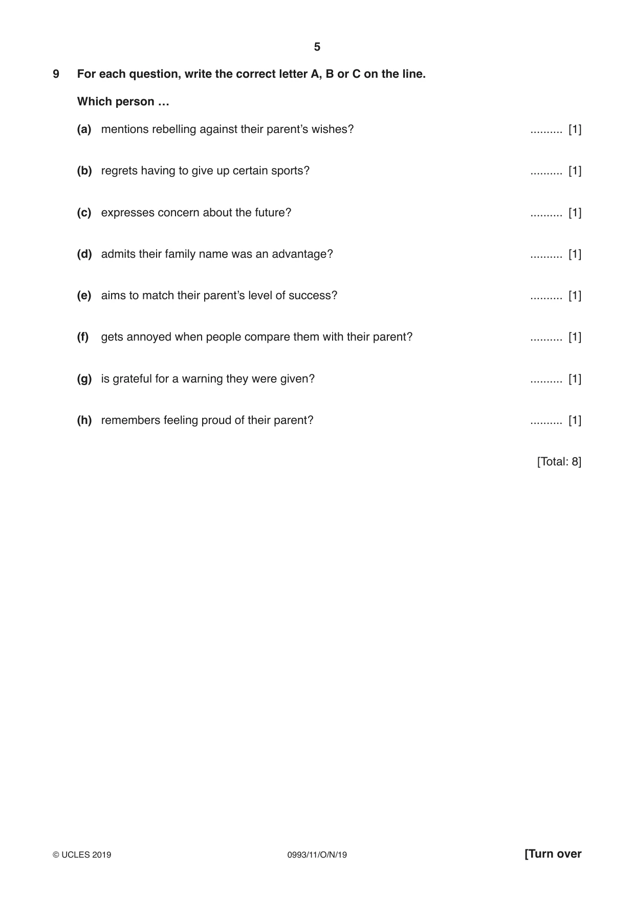 Cambridge IGCSE English Second Language (Speaking Endorsement) (9-1) 0993 2019 Oct/Nov Paper 1 · Variant 1 question paper, page 5 of 16