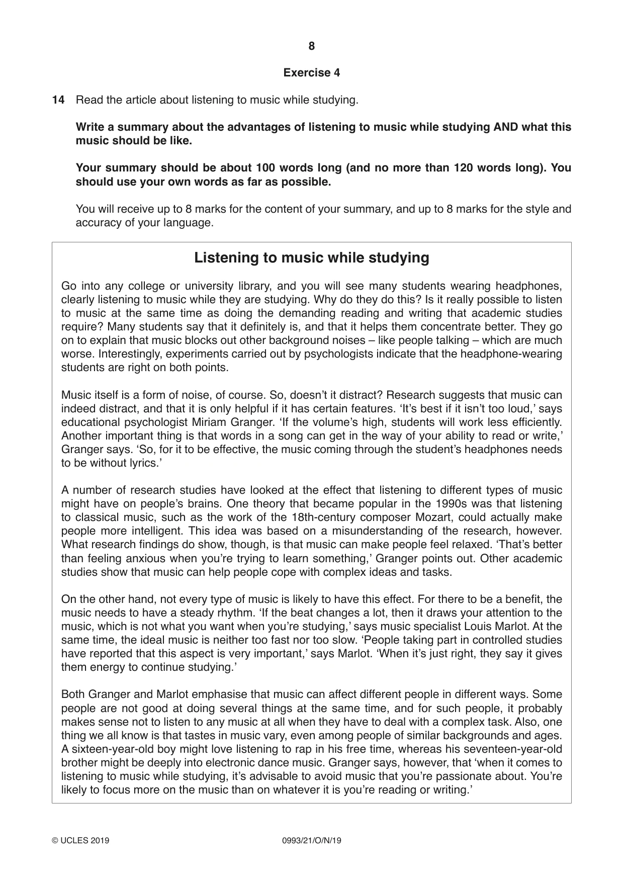 Cambridge IGCSE English Second Language (Speaking Endorsement) (9-1) 0993 2019 Oct/Nov Paper 2 · Variant 1 question paper, page 8 of 16