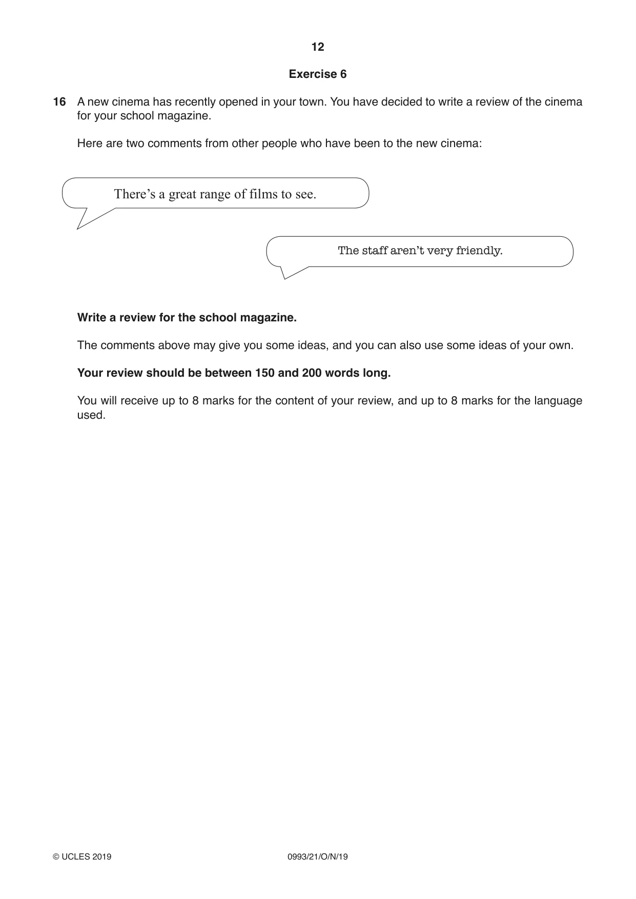 Cambridge IGCSE English Second Language (Speaking Endorsement) (9-1) 0993 2019 Oct/Nov Paper 2 · Variant 1 question paper, page 12 of 16