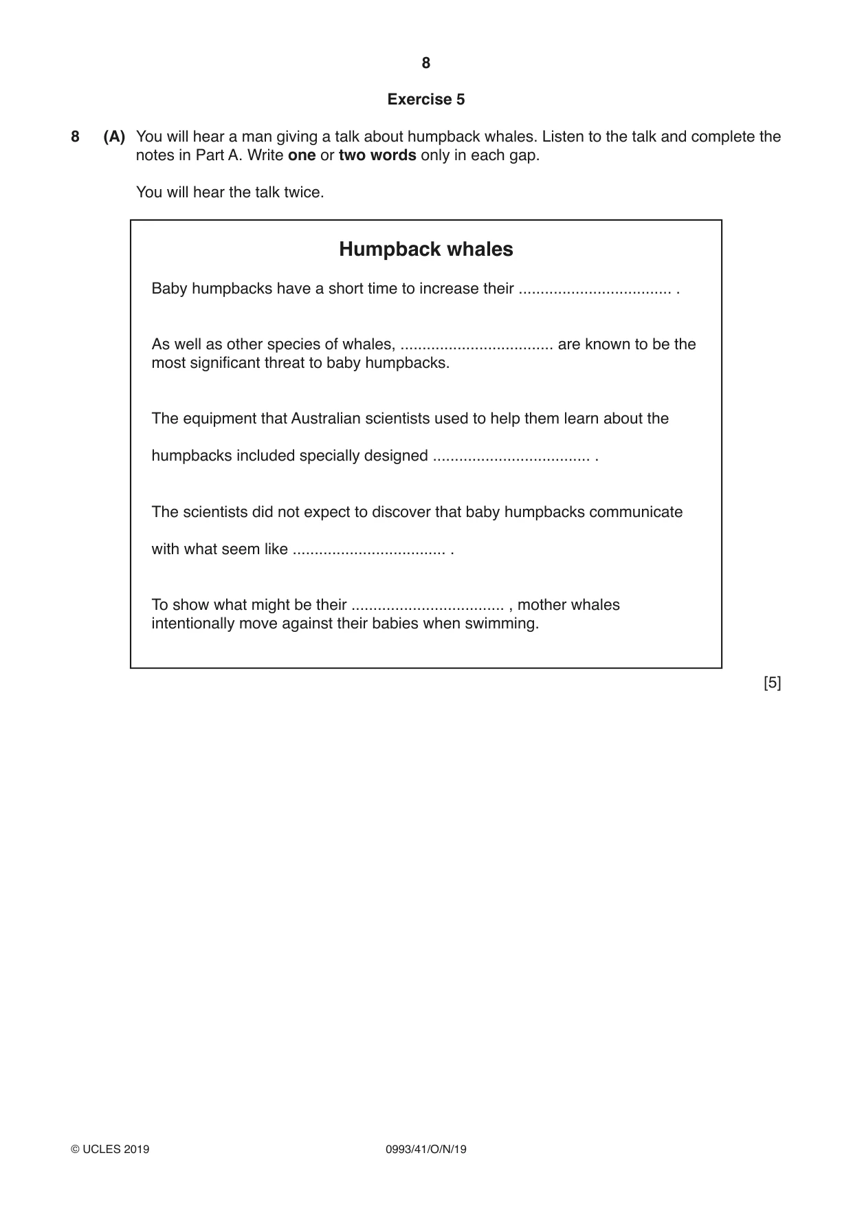 Cambridge IGCSE English Second Language (Speaking Endorsement) (9-1) 0993 2019 Oct/Nov Paper 4 · Variant 1 question paper, page 8 of 12