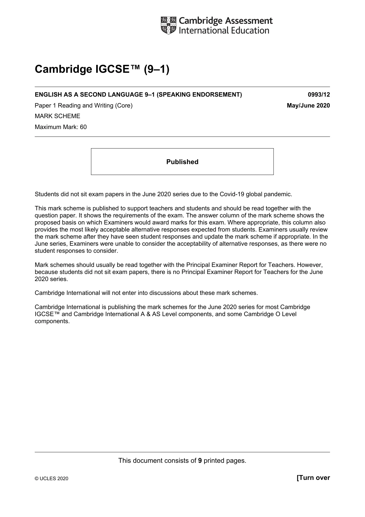 Mark scheme, page 1 of 9