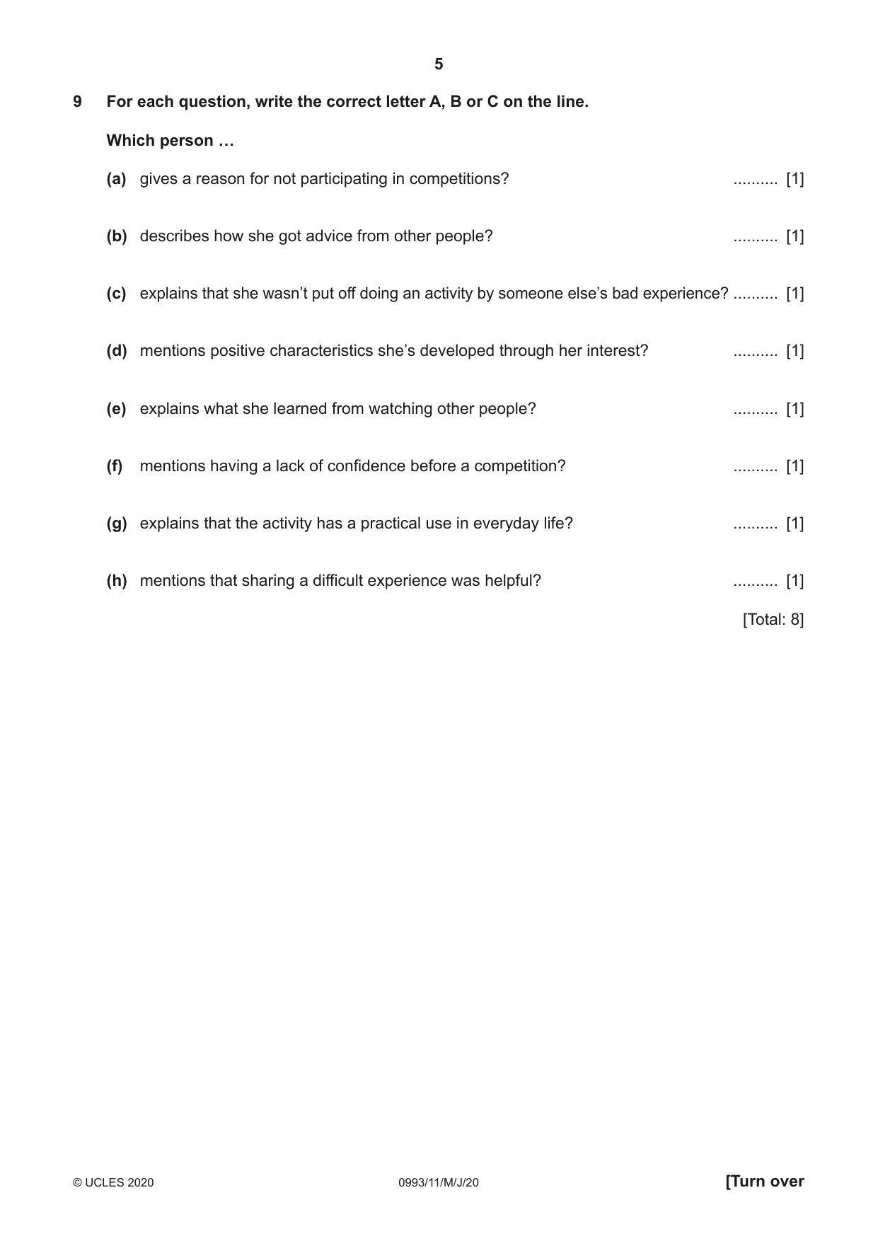 Cambridge IGCSE English Second Language (Speaking Endorsement) (9-1) 0993 2020 May/June Paper 1 · Variant 1 question paper, page 5 of 16