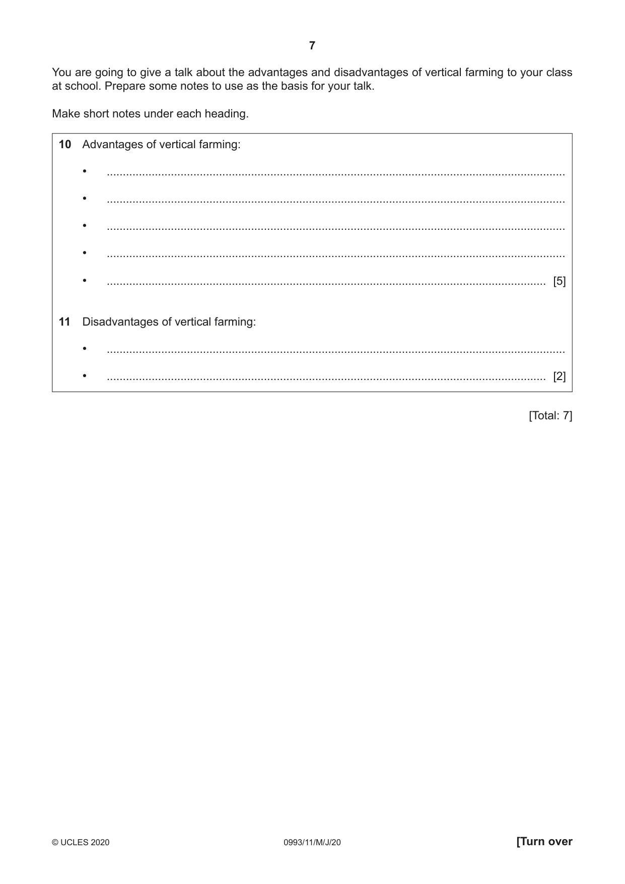 Cambridge IGCSE English Second Language (Speaking Endorsement) (9-1) 0993 2020 May/June Paper 1 · Variant 1 question paper, page 7 of 16