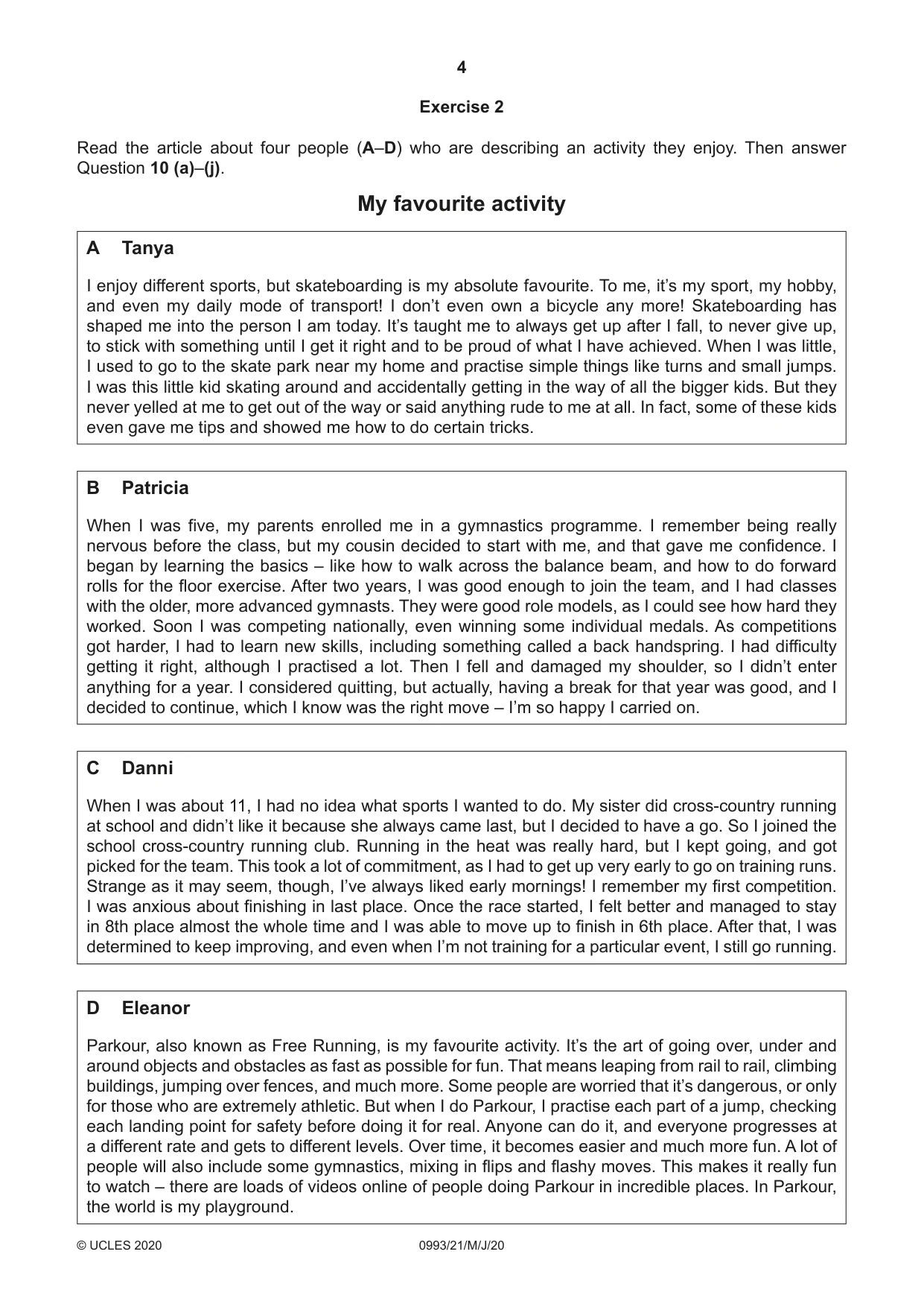 Cambridge IGCSE English Second Language (Speaking Endorsement) (9-1) 0993 2020 May/June Paper 2 · Variant 1 question paper, page 4 of 16