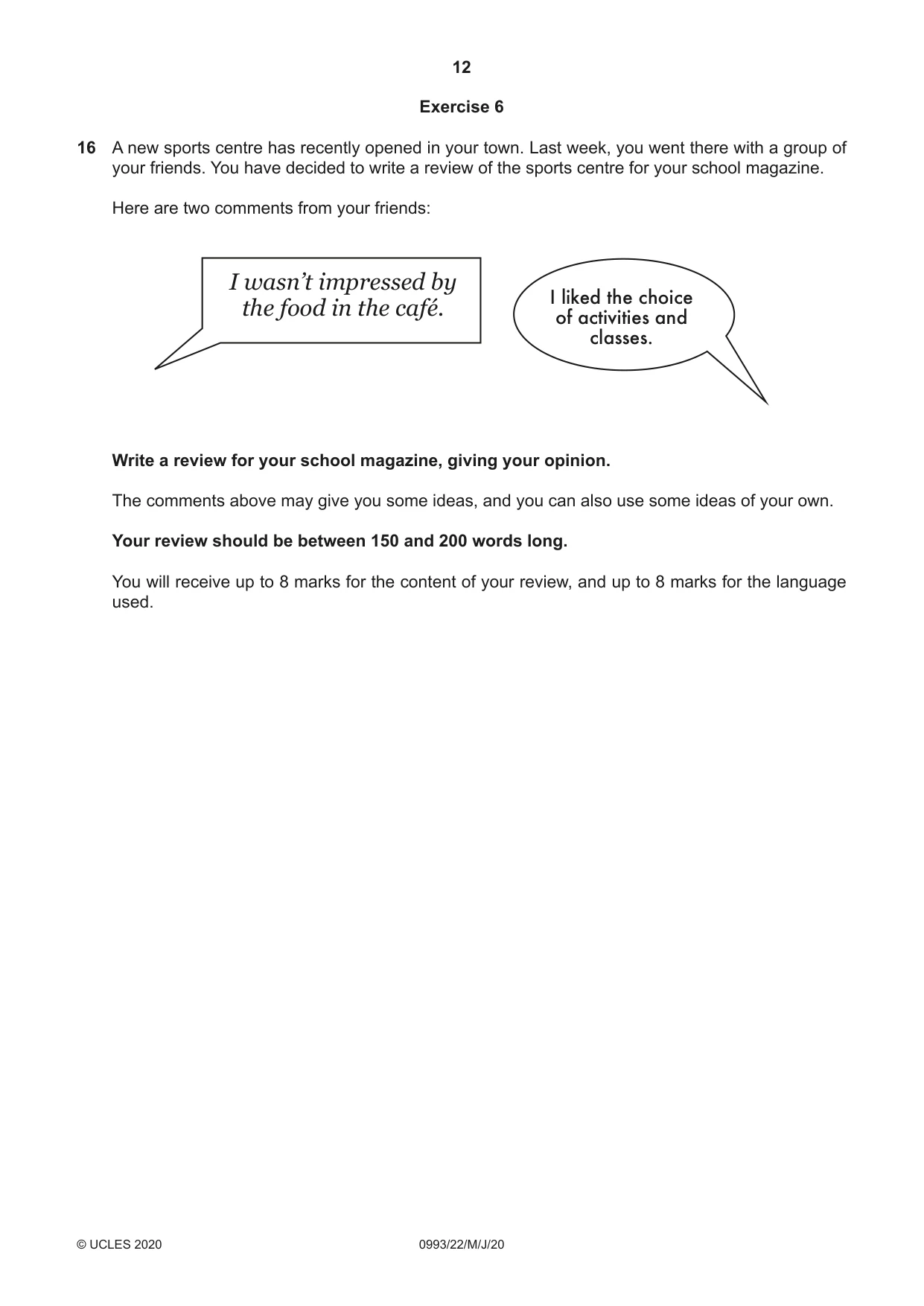 Cambridge IGCSE English Second Language (Speaking Endorsement) (9-1) 0993 2020 May/June Paper 2 · Variant 2 question paper, page 12 of 16