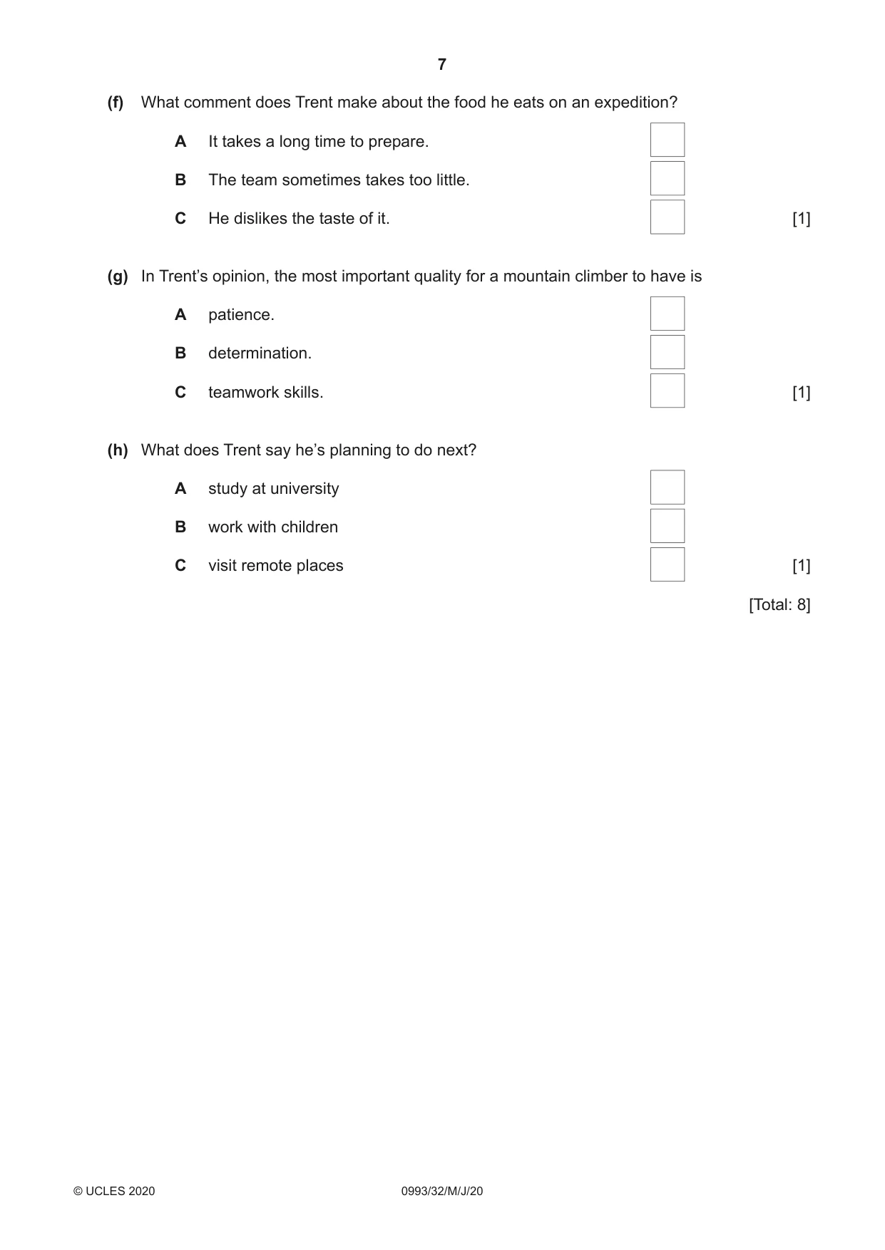 Cambridge IGCSE English Second Language (Speaking Endorsement) (9-1) 0993 2020 May/June Paper 3 · Variant 2 question paper, page 7 of 8