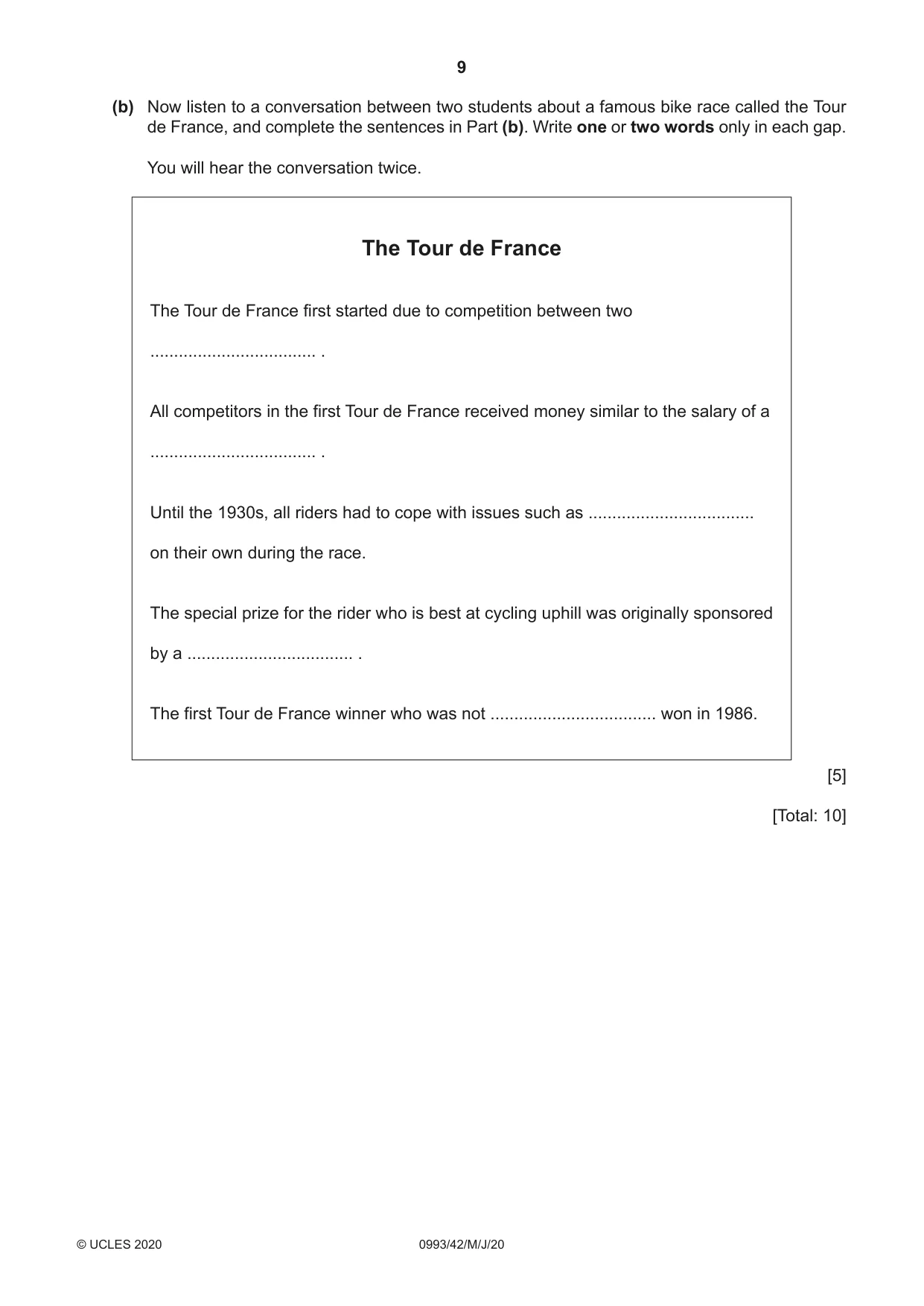 Cambridge IGCSE English Second Language (Speaking Endorsement) (9-1) 0993 2020 May/June Paper 4 · Variant 2 question paper, page 9 of 12