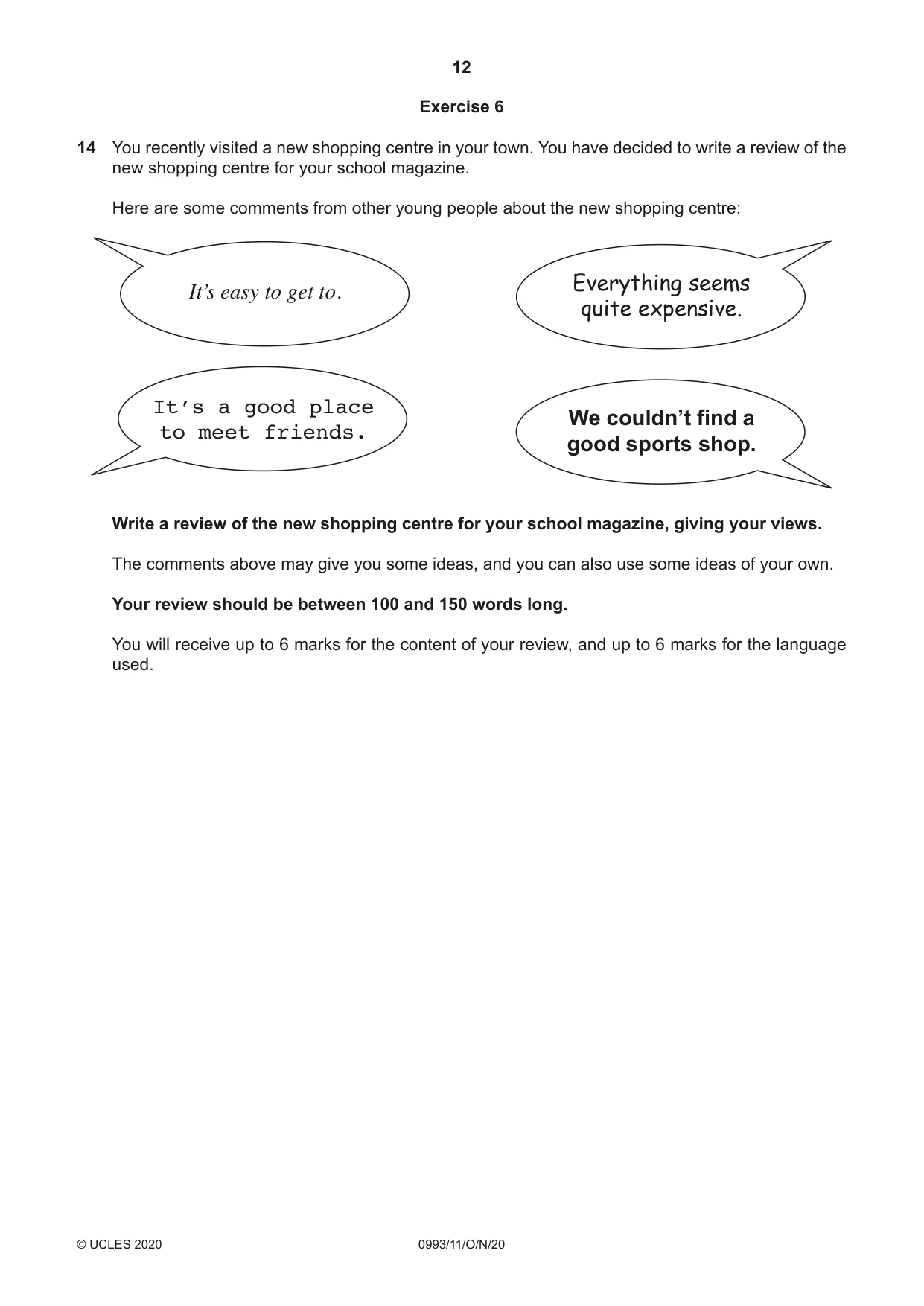Cambridge IGCSE English Second Language (Speaking Endorsement) (9-1) 0993 2020 Oct/Nov Paper 1 · Variant 1 question paper, page 12 of 16
