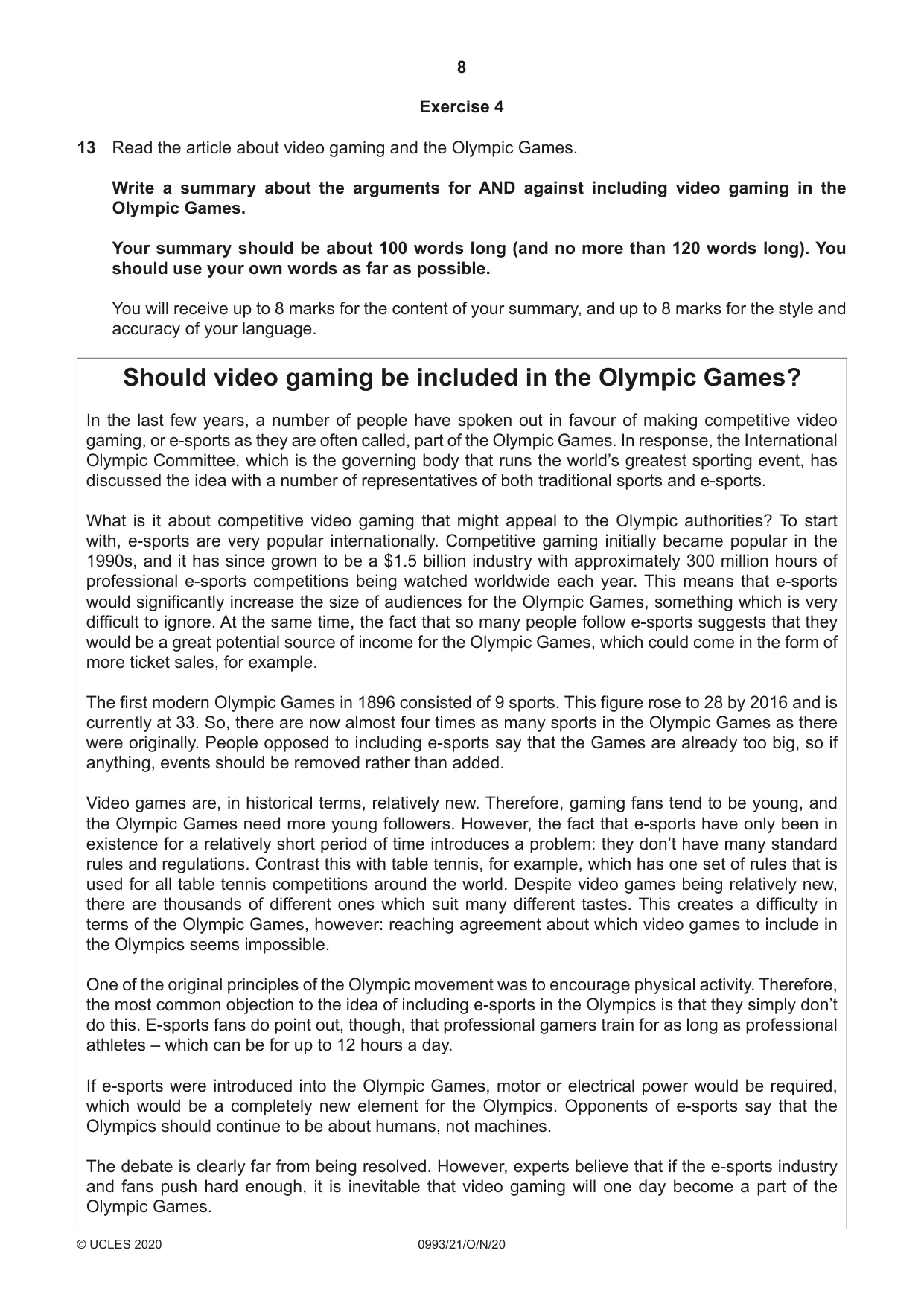 Cambridge IGCSE English Second Language (Speaking Endorsement) (9-1) 0993 2020 Oct/Nov Paper 2 · Variant 1 question paper, page 8 of 16