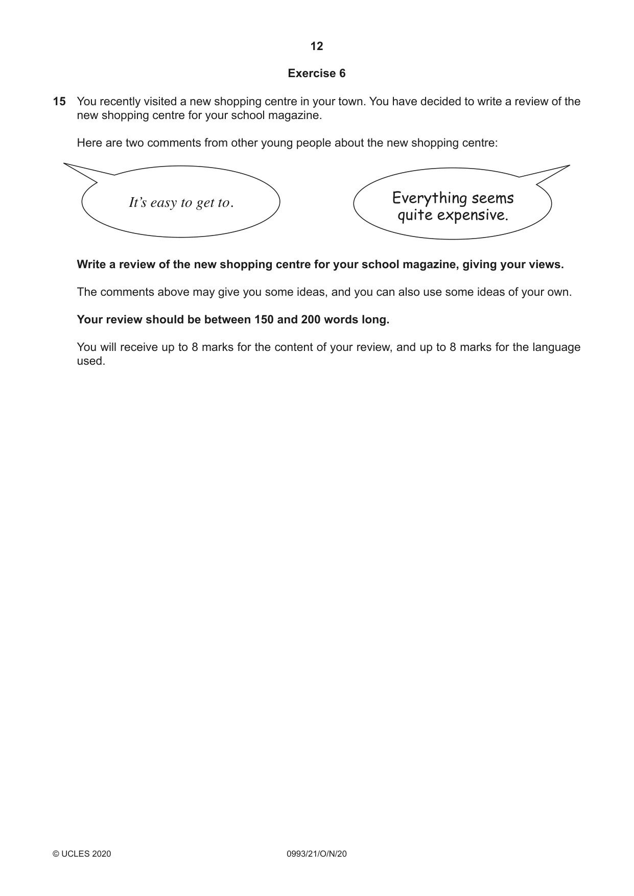 Cambridge IGCSE English Second Language (Speaking Endorsement) (9-1) 0993 2020 Oct/Nov Paper 2 · Variant 1 question paper, page 12 of 16