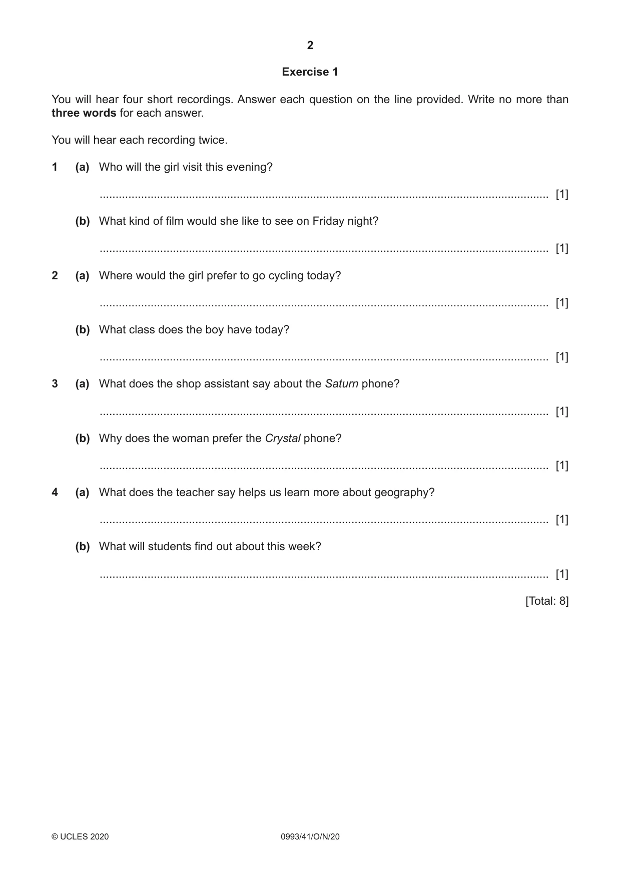 Cambridge IGCSE English Second Language (Speaking Endorsement) (9-1) 0993 2020 Oct/Nov Paper 4 · Variant 1 question paper, page 2 of 12