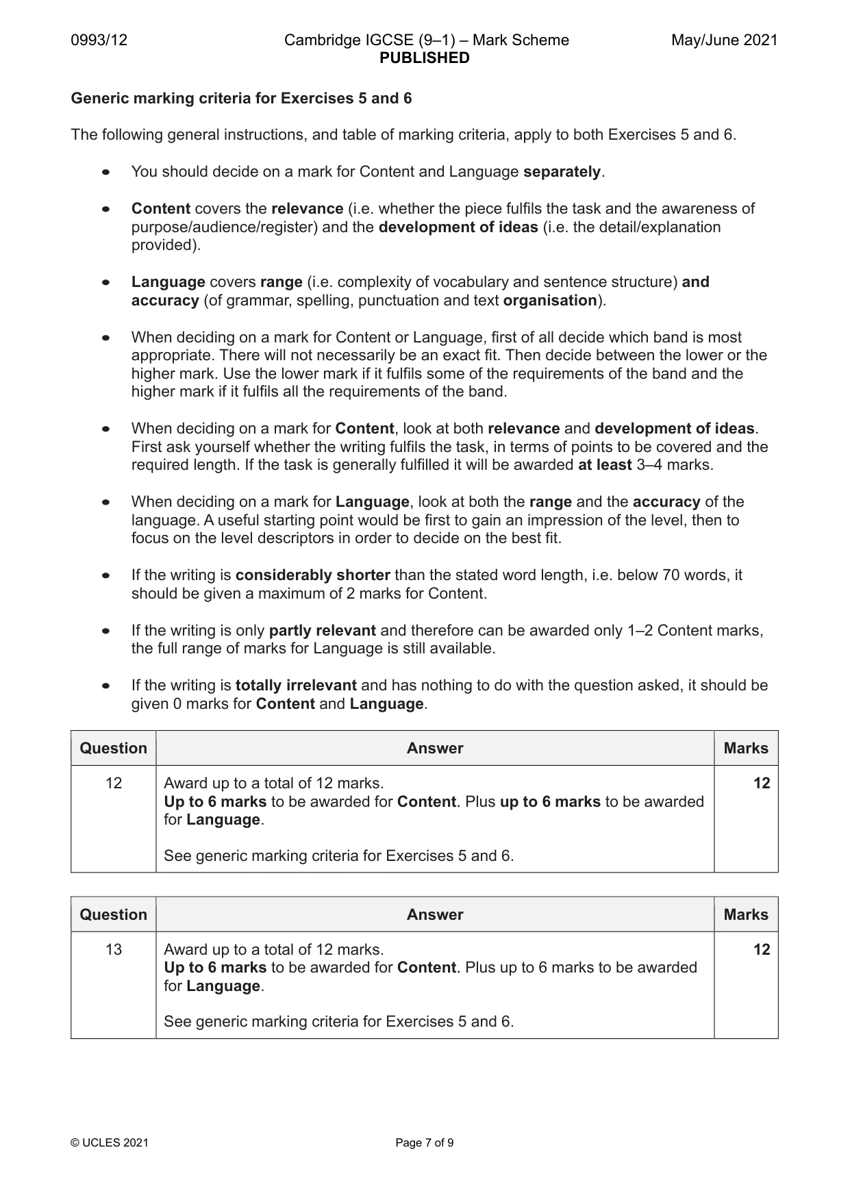 Mark scheme, page 7 of 9