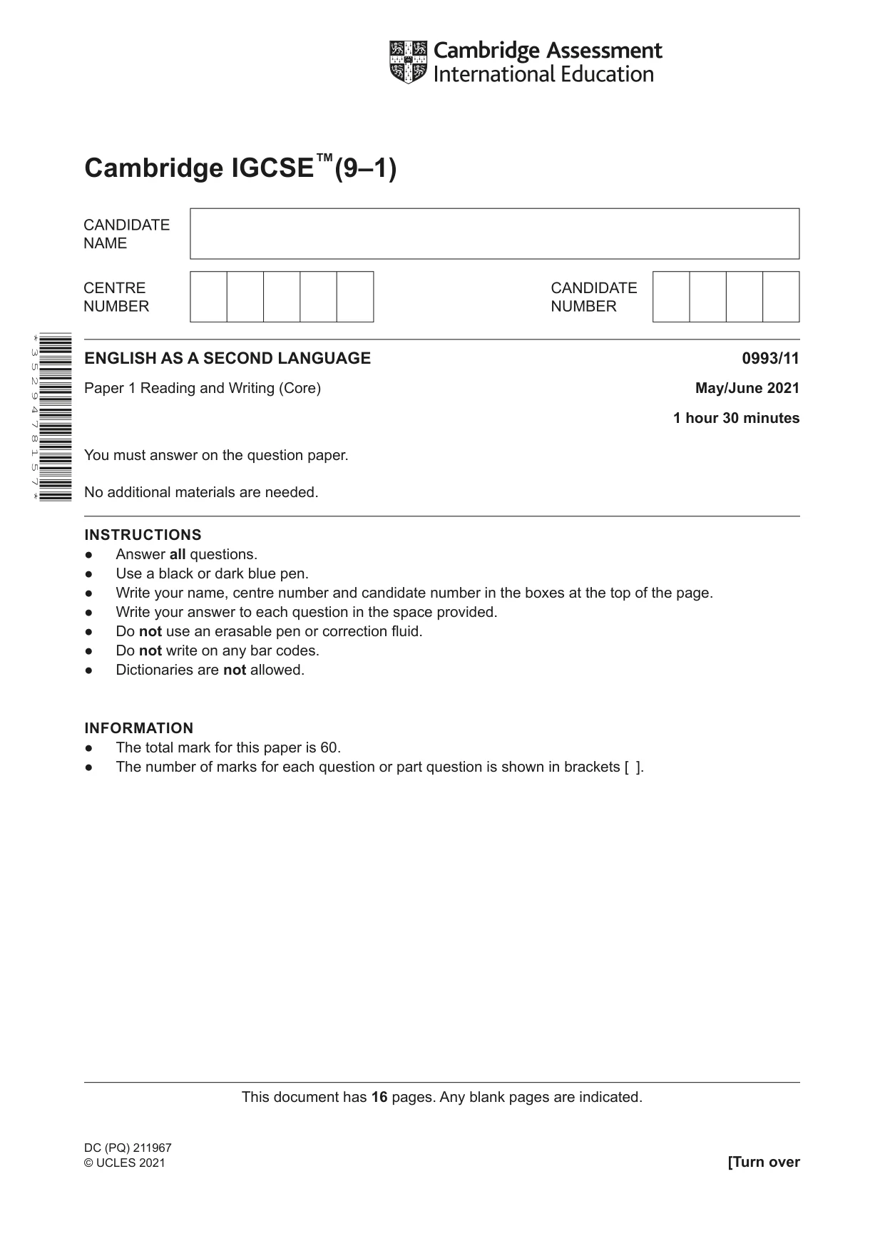 Cambridge IGCSE English Second Language (Speaking Endorsement) (9-1) 0993 2021 May/June Paper 1 · Variant 1 question paper, page 1 of 16