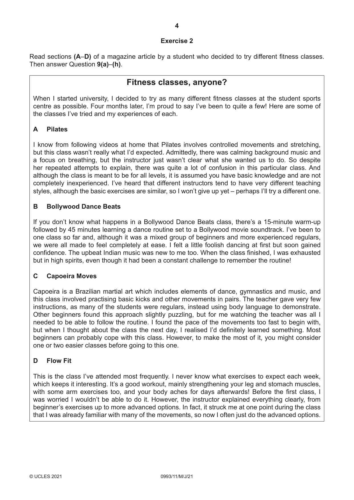 Cambridge IGCSE English Second Language (Speaking Endorsement) (9-1) 0993 2021 May/June Paper 1 · Variant 1 question paper, page 4 of 16