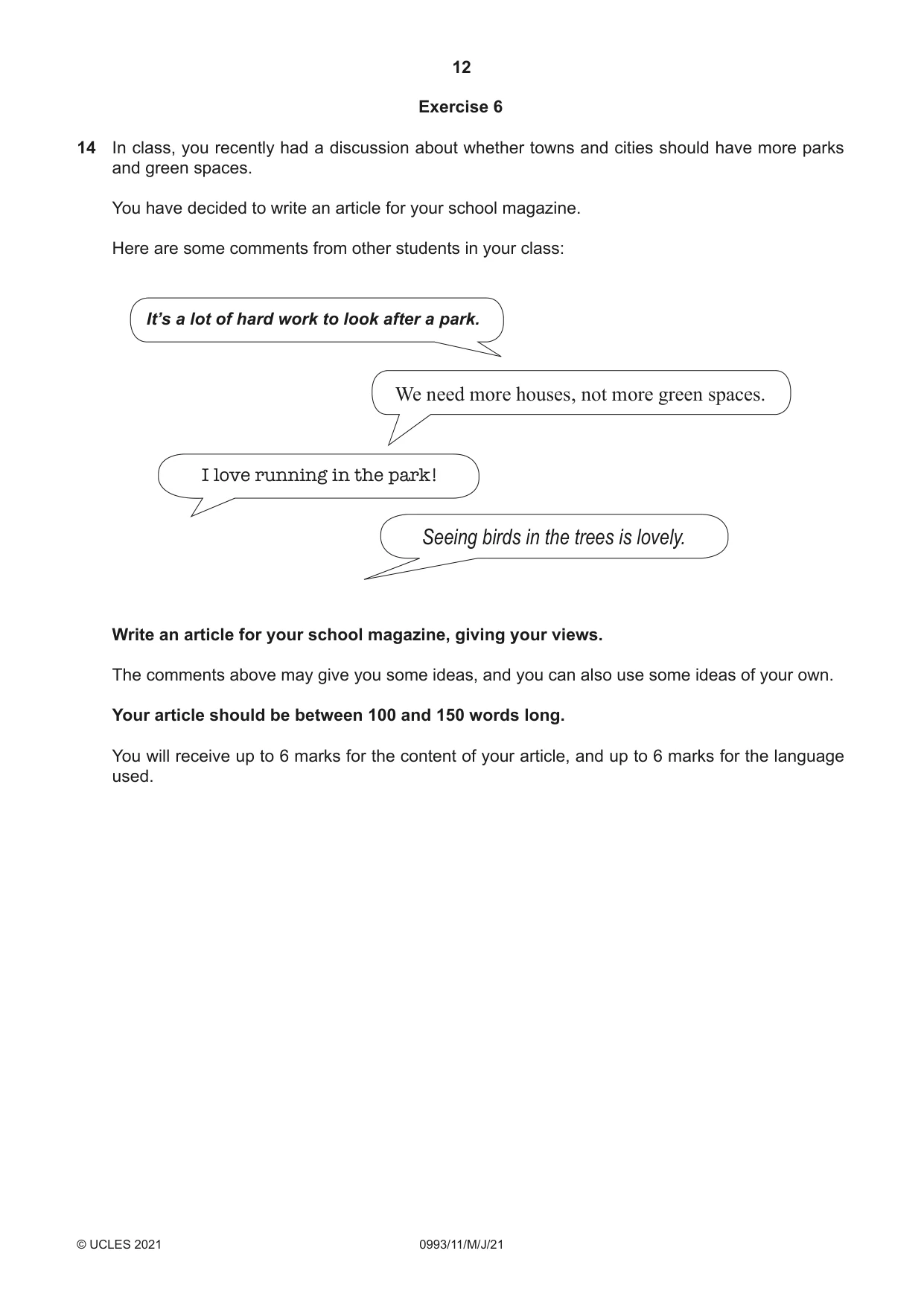 Cambridge IGCSE English Second Language (Speaking Endorsement) (9-1) 0993 2021 May/June Paper 1 · Variant 1 question paper, page 12 of 16