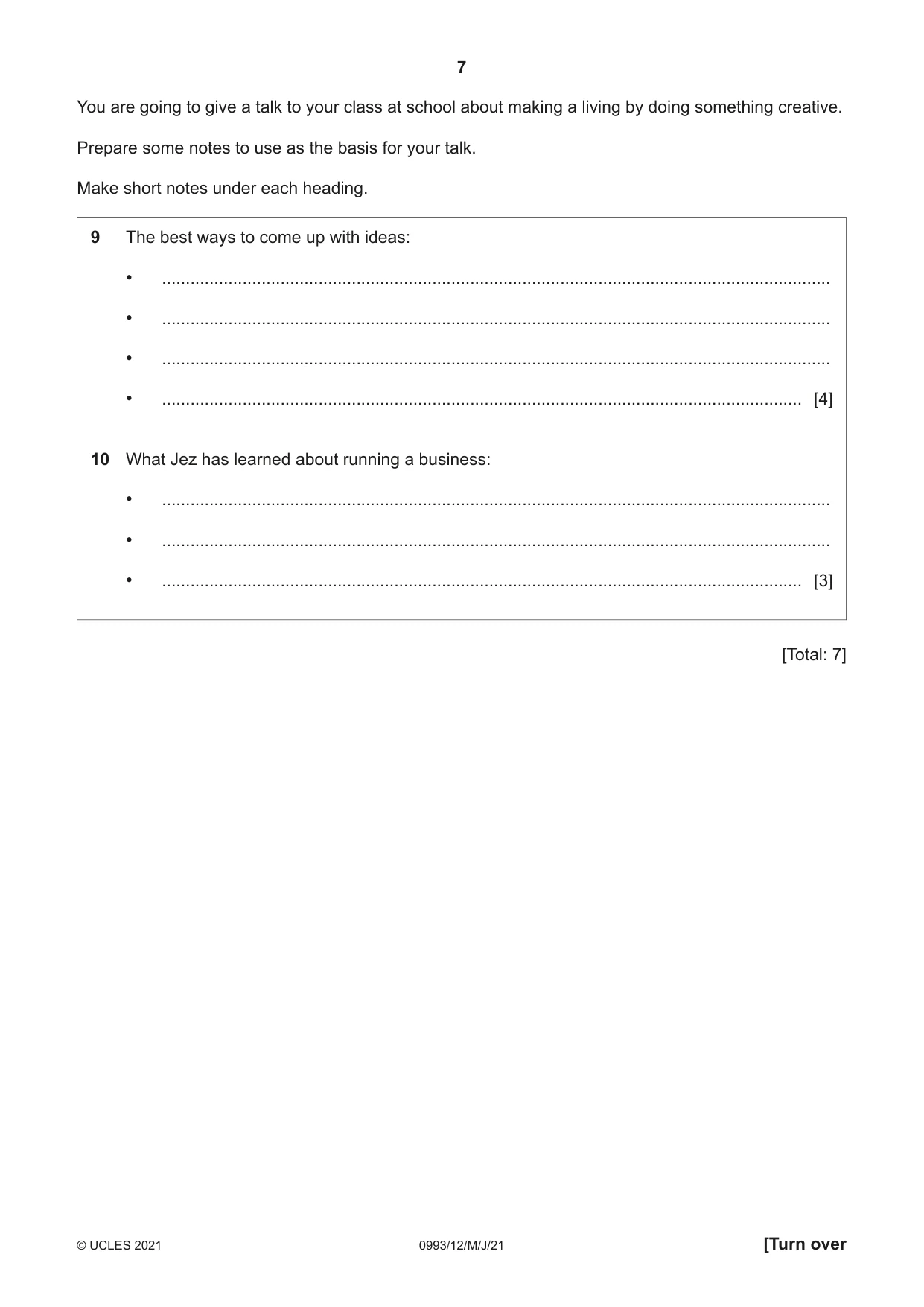 Cambridge IGCSE English Second Language (Speaking Endorsement) (9-1) 0993 2021 May/June Paper 1 · Variant 2 question paper, page 7 of 16
