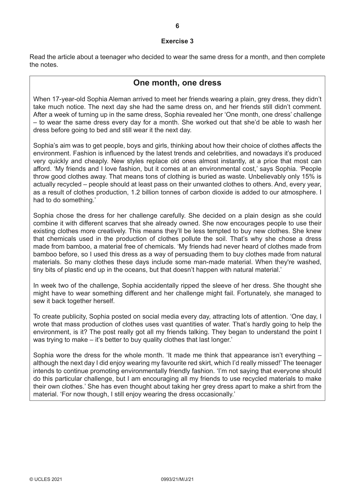 Cambridge IGCSE English Second Language (Speaking Endorsement) (9-1) 0993 2021 May/June Paper 2 · Variant 1 question paper, page 6 of 16