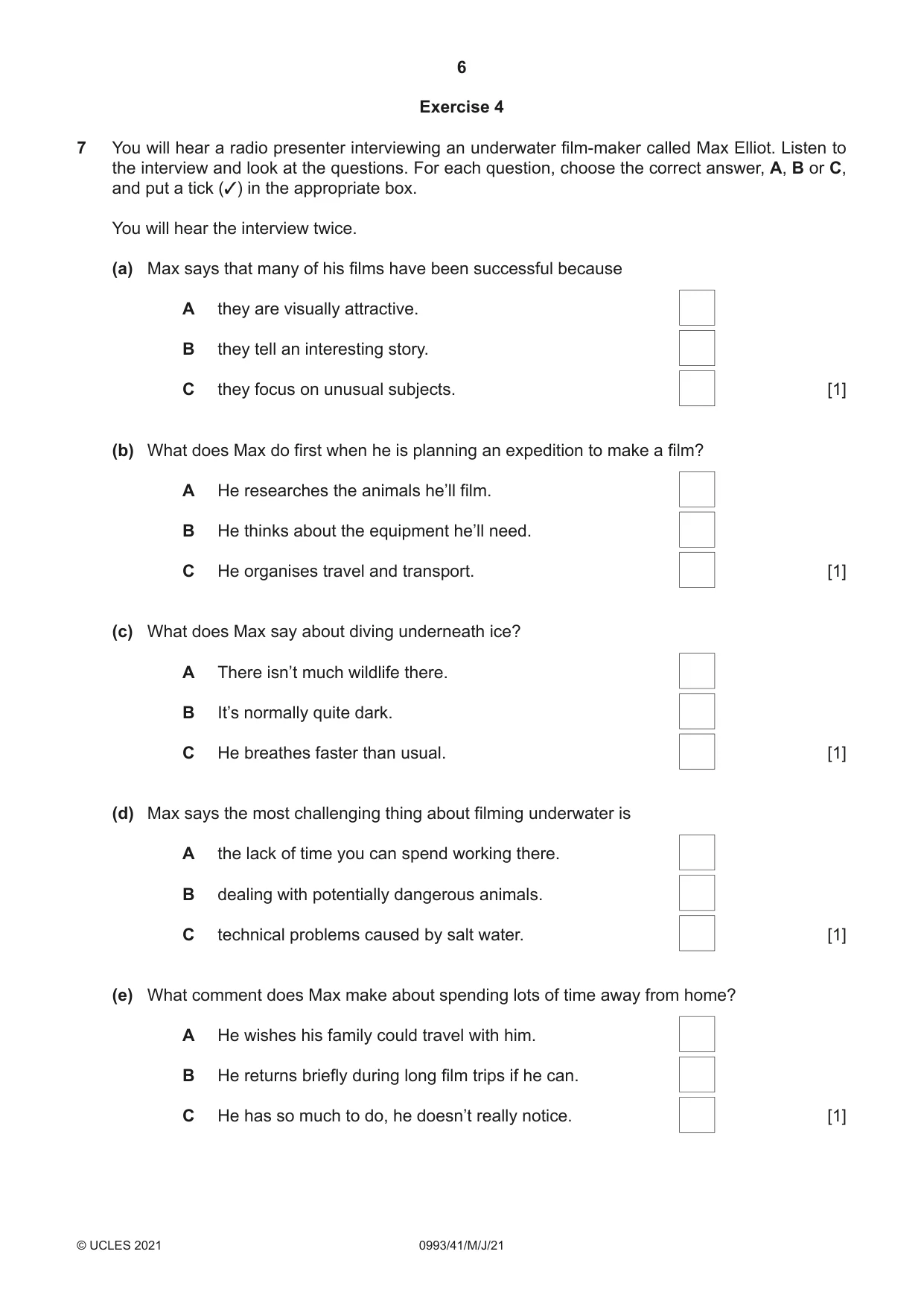 Cambridge IGCSE English Second Language (Speaking Endorsement) (9-1) 0993 2021 May/June Paper 4 · Variant 1 question paper, page 6 of 12
