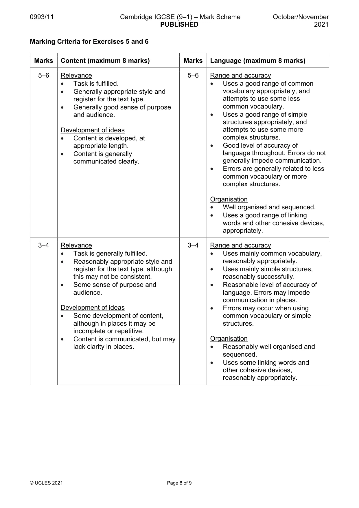 Mark scheme, page 8 of 9