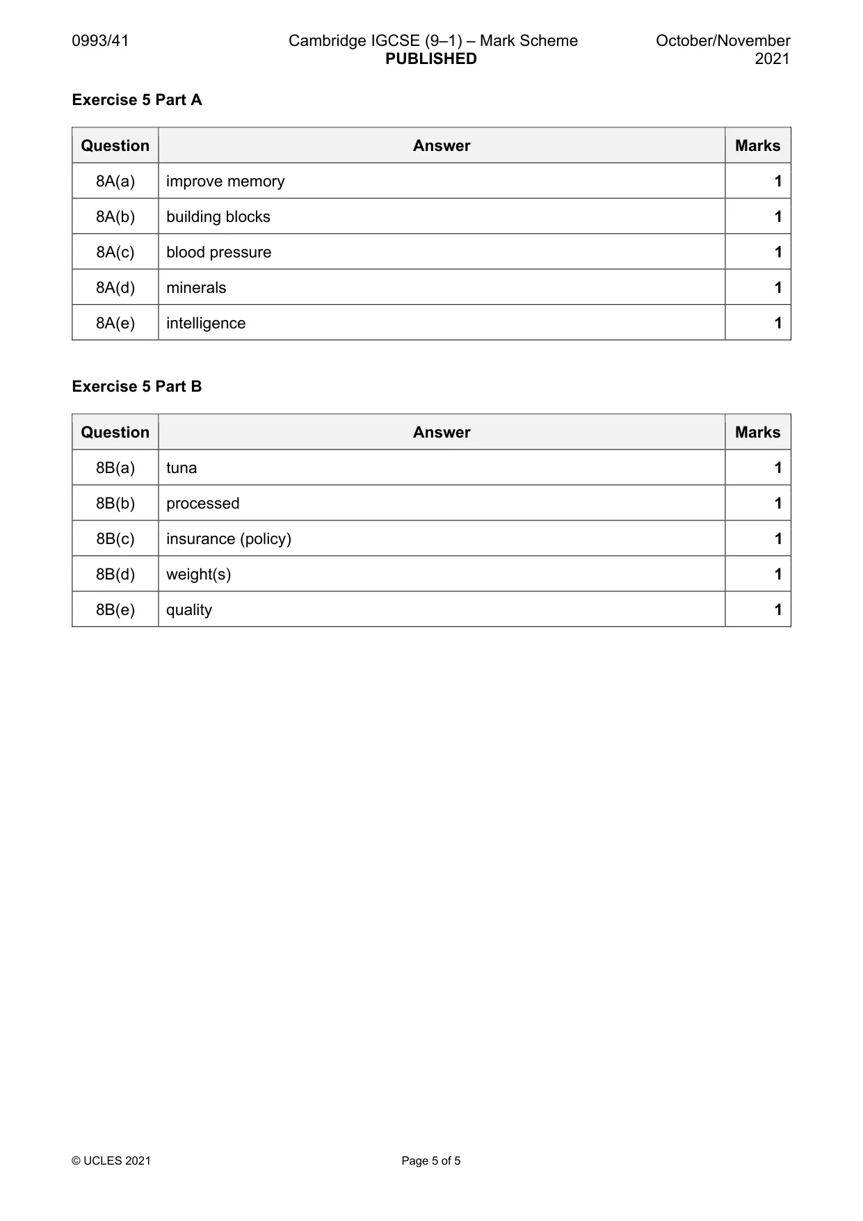 Mark scheme, page 5 of 5