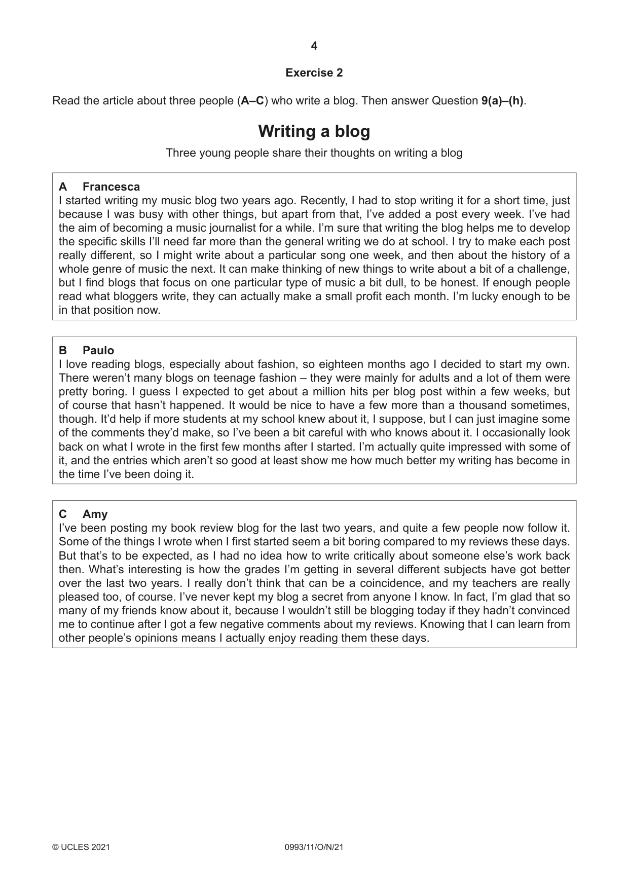Cambridge IGCSE English Second Language (Speaking Endorsement) (9-1) 0993 2021 Oct/Nov Paper 1 · Variant 1 question paper, page 4 of 16
