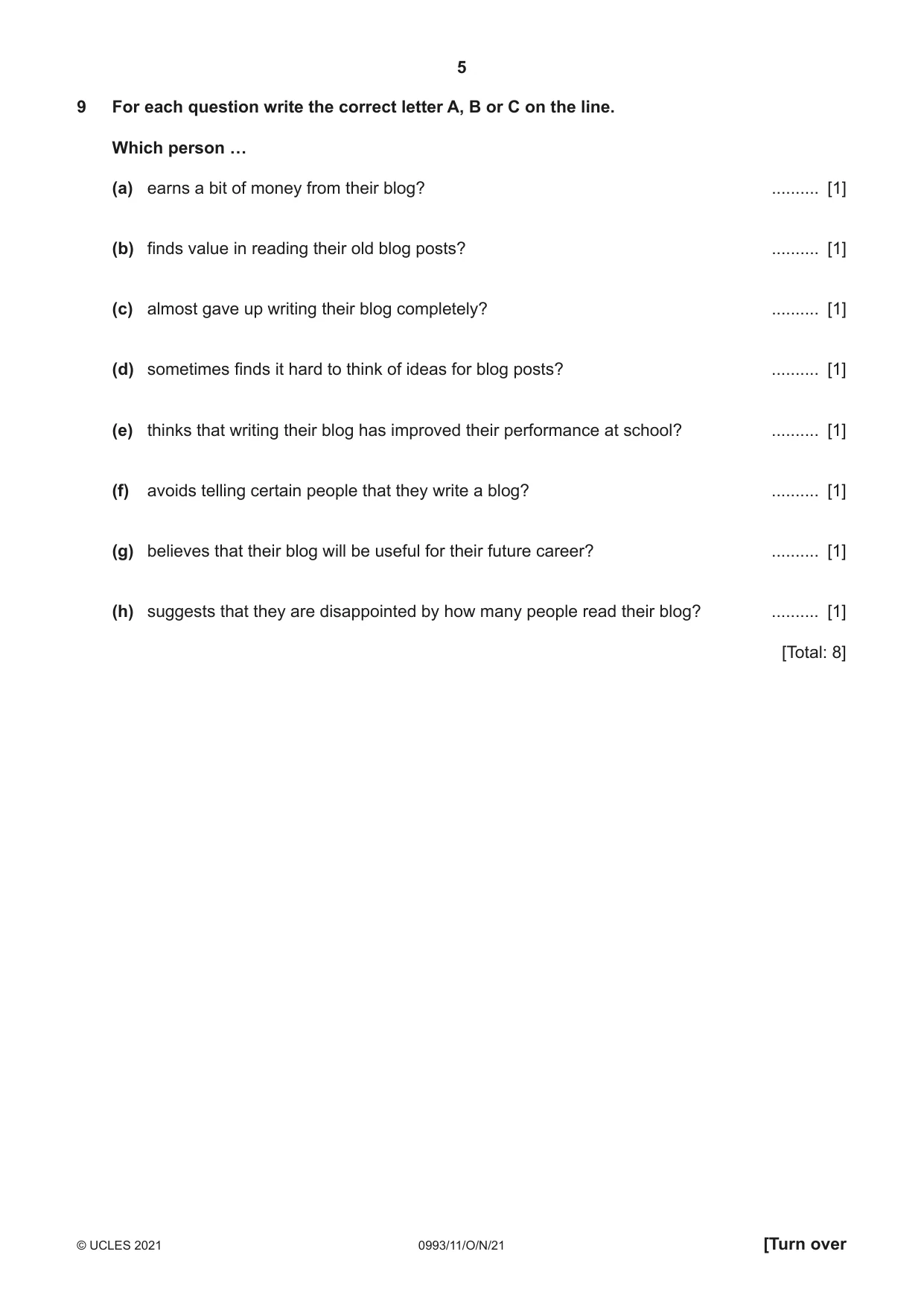 Cambridge IGCSE English Second Language (Speaking Endorsement) (9-1) 0993 2021 Oct/Nov Paper 1 · Variant 1 question paper, page 5 of 16