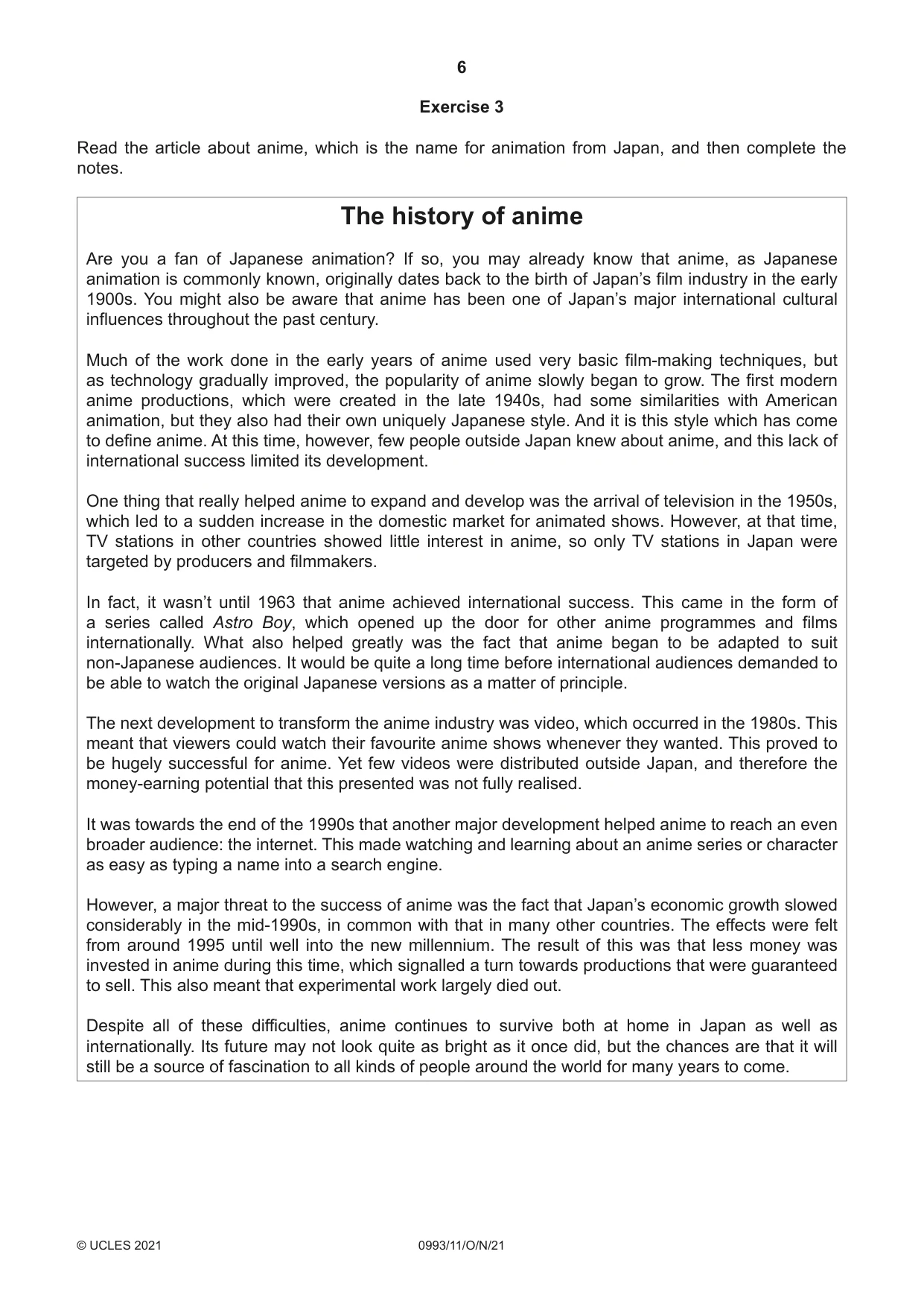 Cambridge IGCSE English Second Language (Speaking Endorsement) (9-1) 0993 2021 Oct/Nov Paper 1 · Variant 1 question paper, page 6 of 16